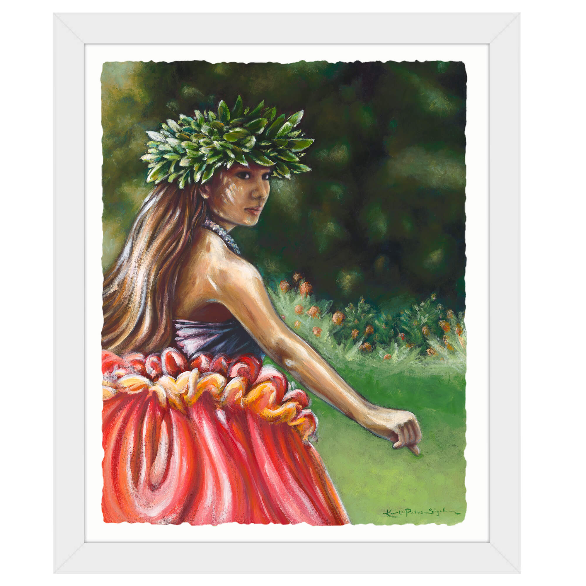 Paper art print with white frame featuring a woman in a garden  by hawaii artist Kristi Petosa