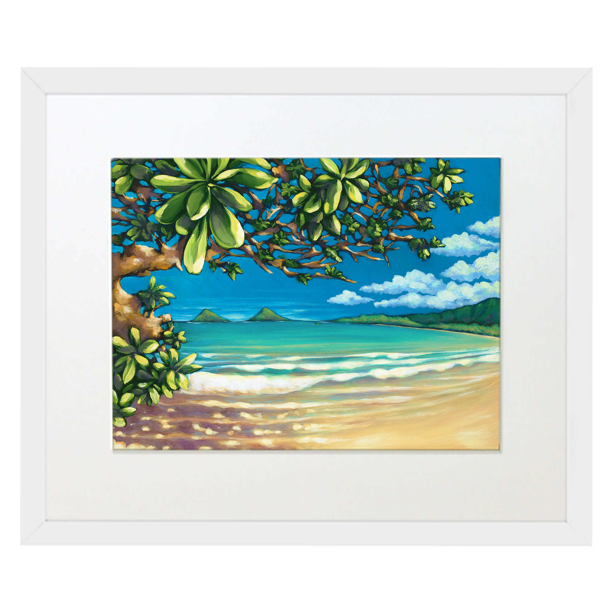 Matted art print with white frame featuring the sand  by hawaii artist Kristi Petosa