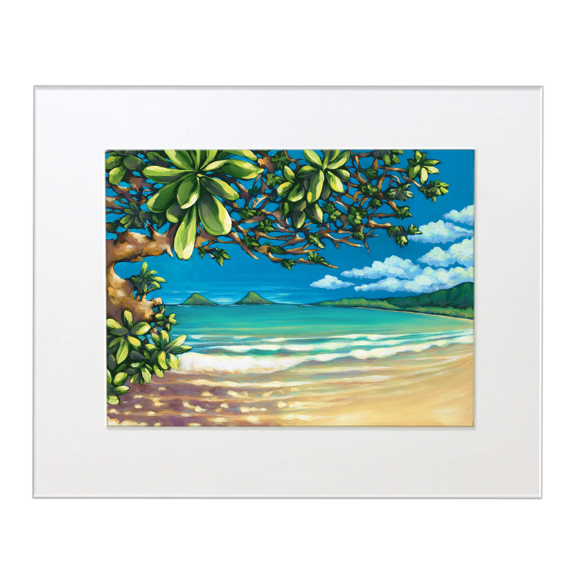Matted art print featuring the blue sea surrounded by mountains  by hawaii artist Kristi Petosa