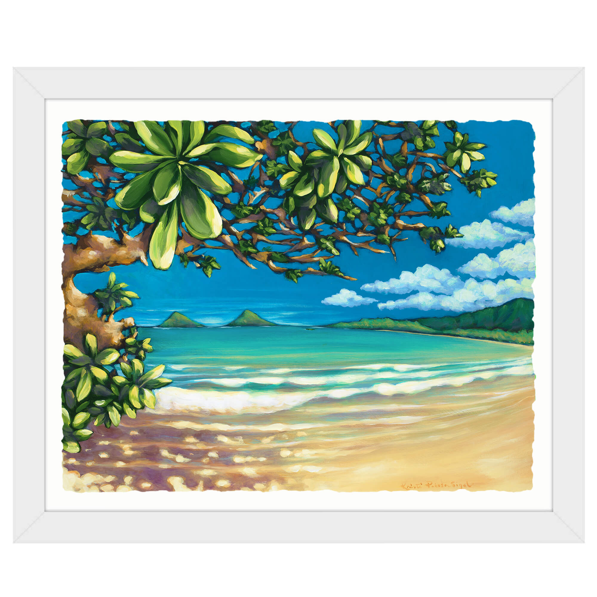 Paper art print with white frame featuring the calm waves  by hawaii artist Kristi Petosa