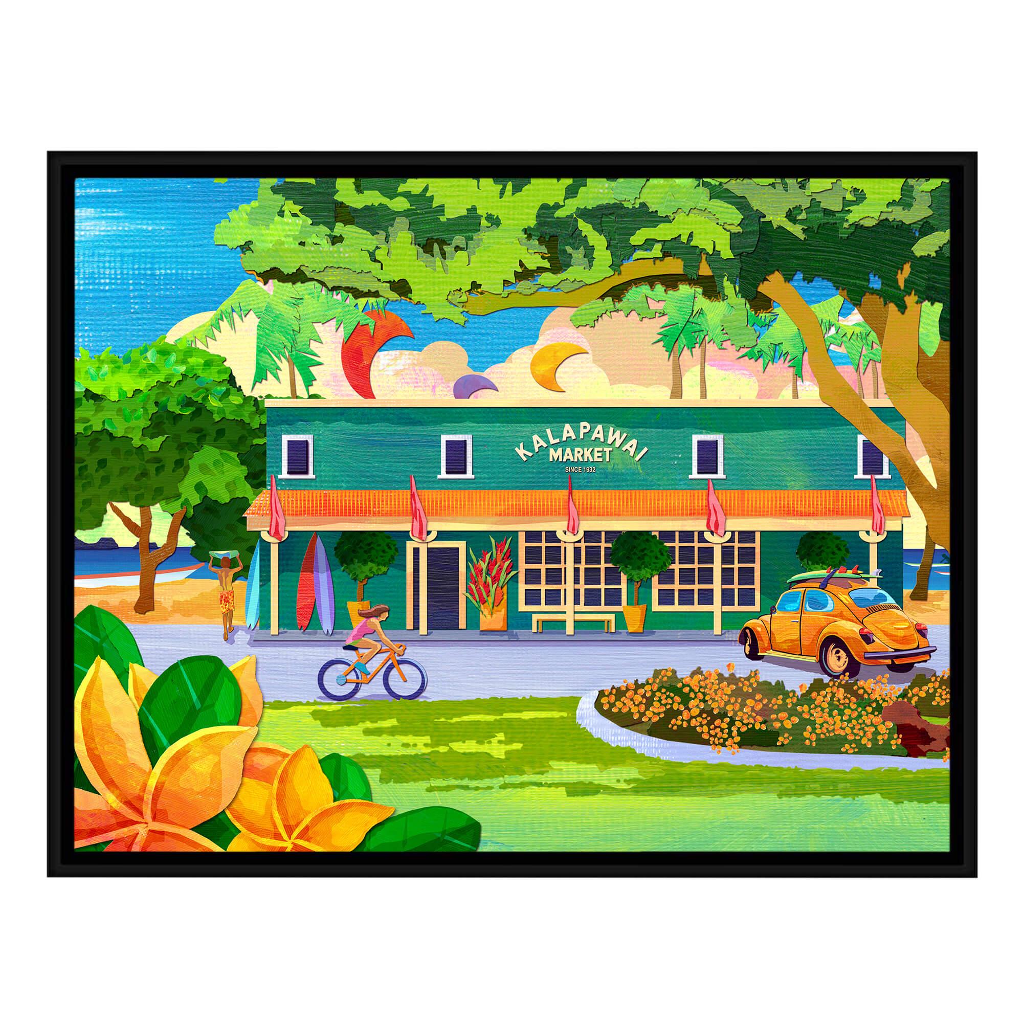 Canvas art print with black frame featuring palm trees behind the market  by hawaii artist Kristi Petosa