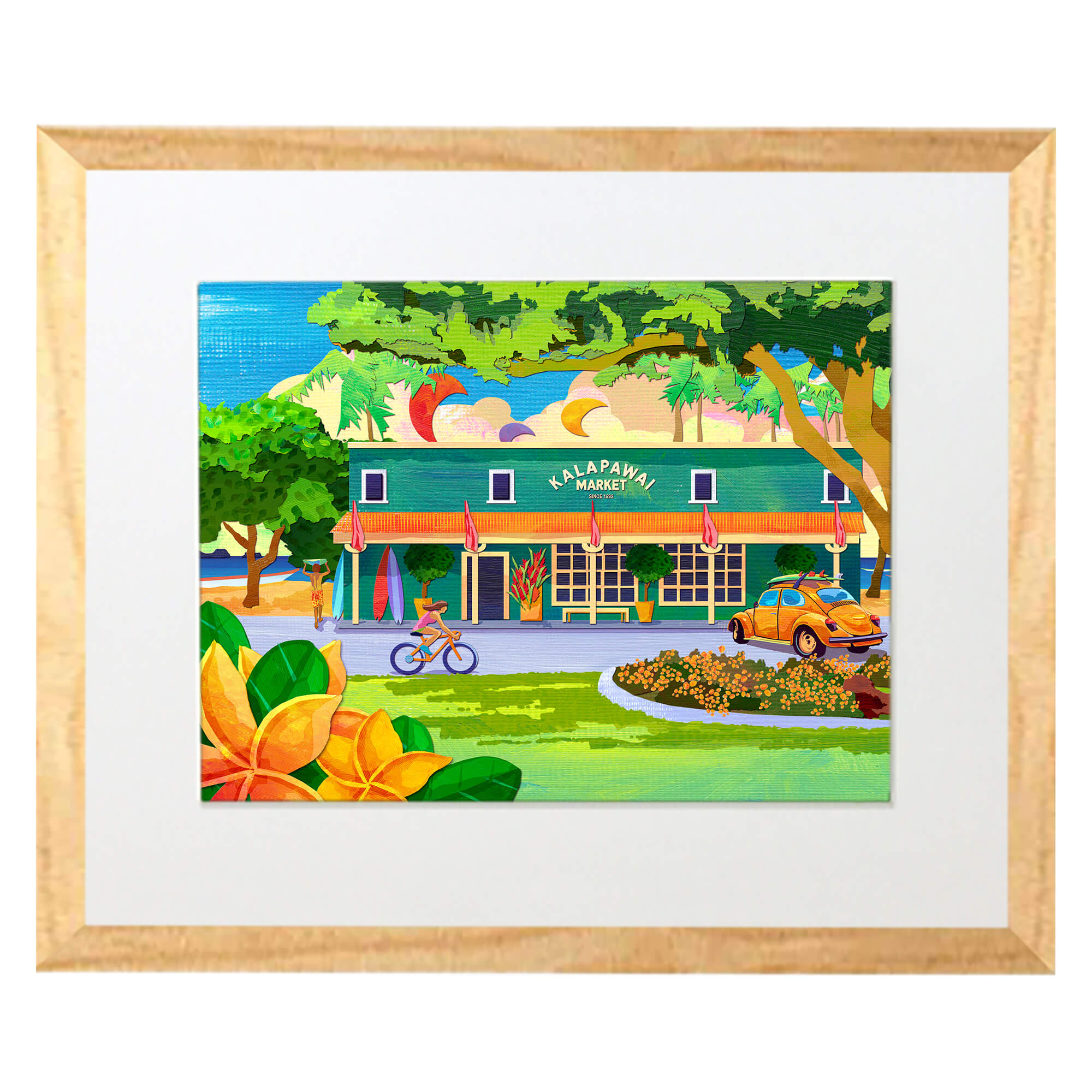 Matted art print with wood frame featuring a tall tree near the shop by hawaii artist Kristi Petosa