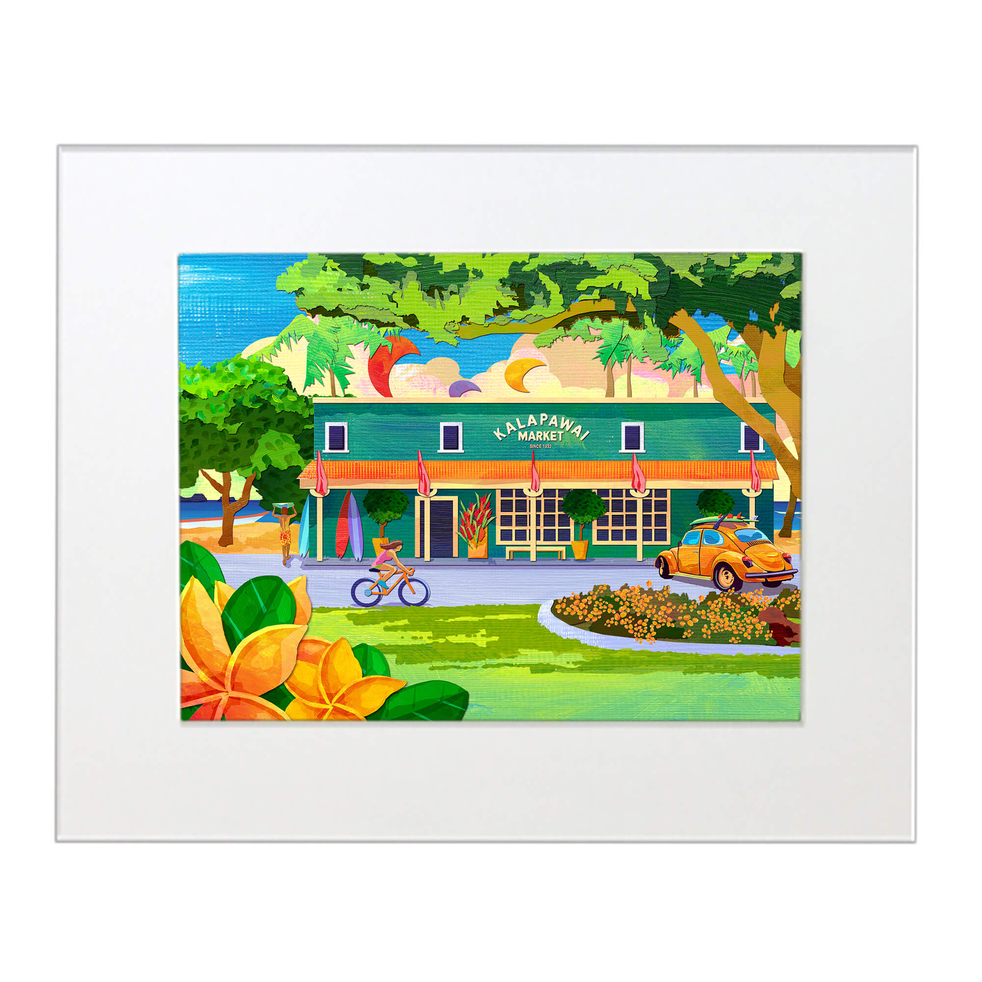 Matted art print featuring a car  parked outside the shop by hawaii artist Kristi Petosa