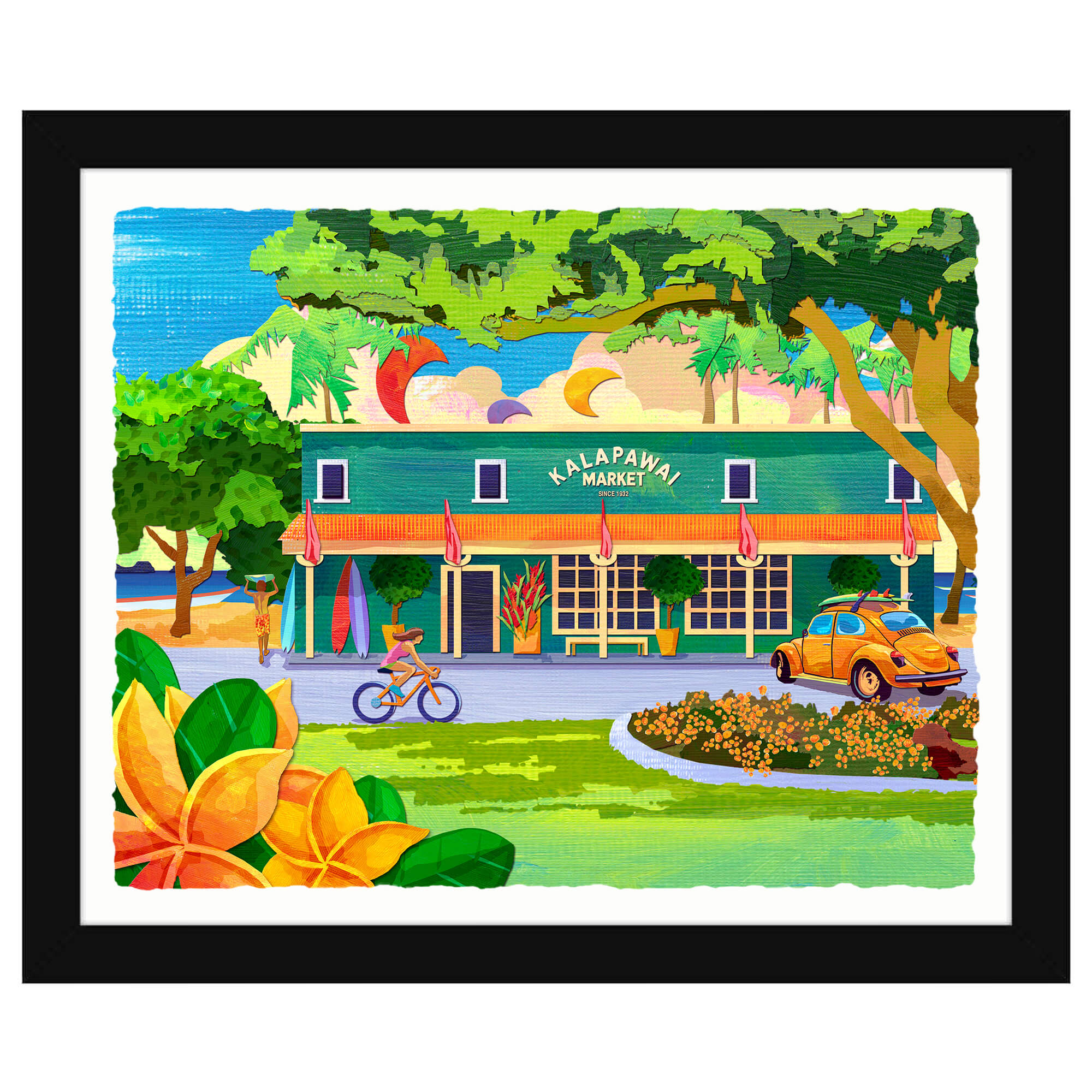 Paper art print with black frame featuring the beach behind the kalawawai market by hawaii artist Kristi Petosa