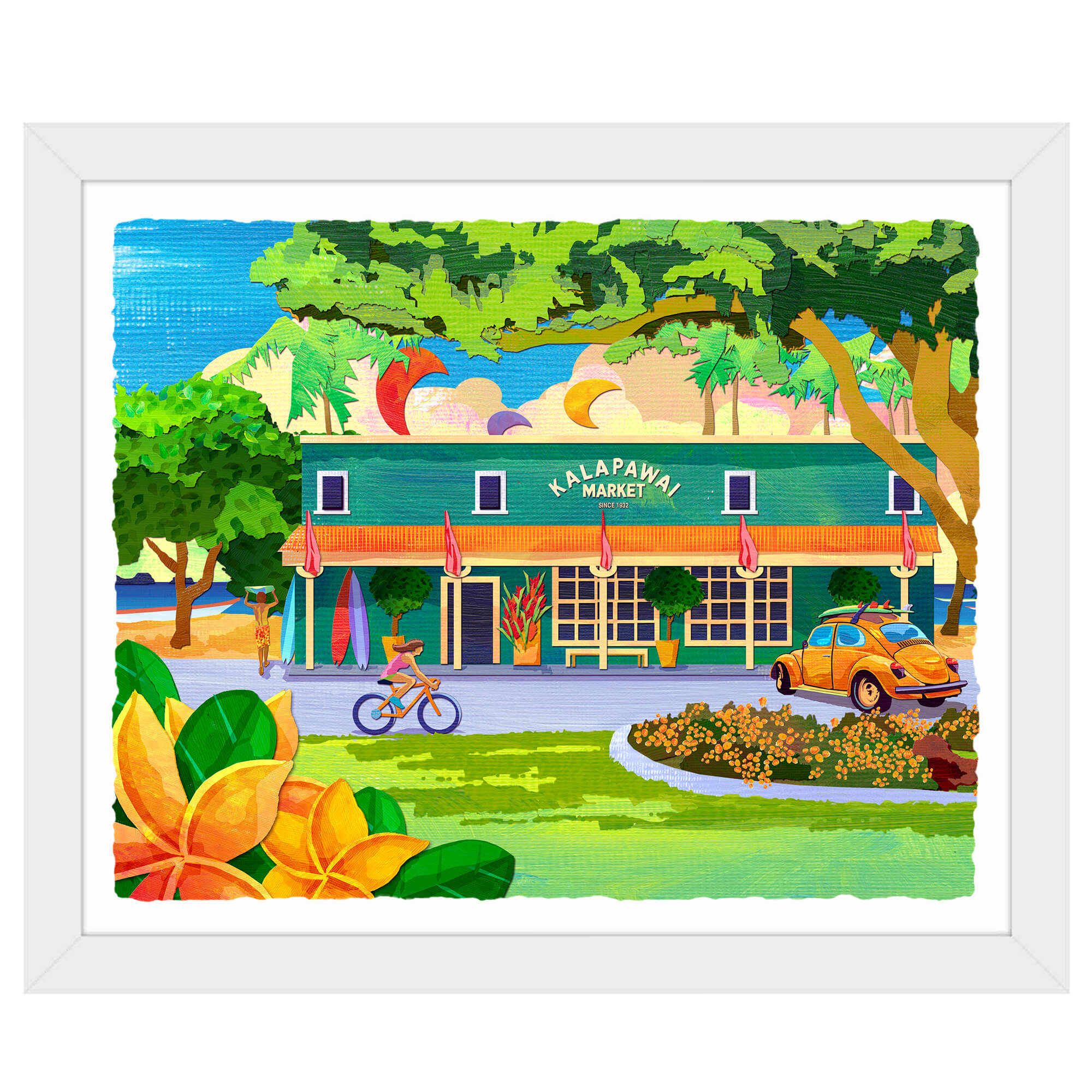 Paper art print with white frame featuring a flower bed with orange flowers by hawaii artist Kristi Petosa