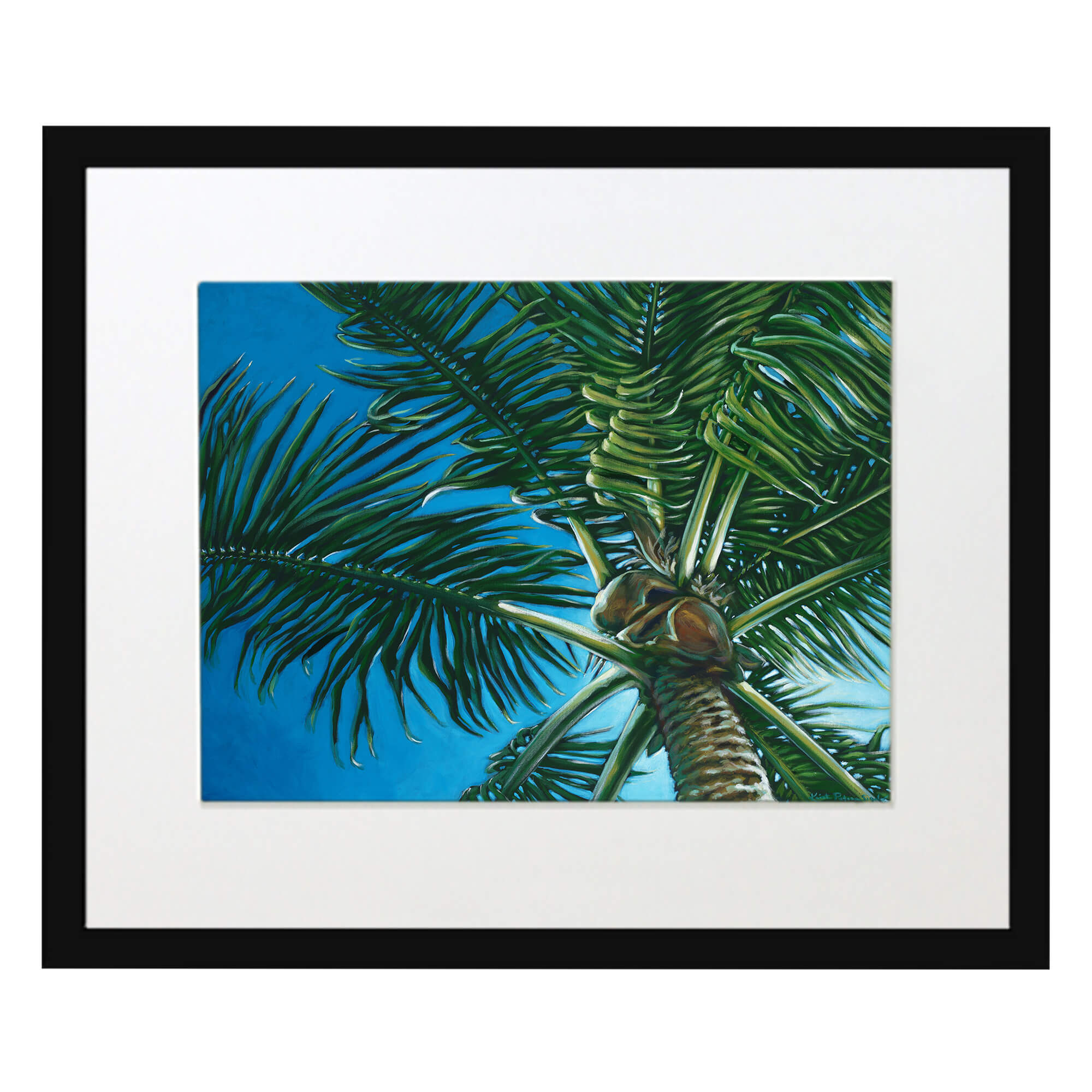 Matted art print with black frame featuring a coconut by hawaii artist Kristi Petosa