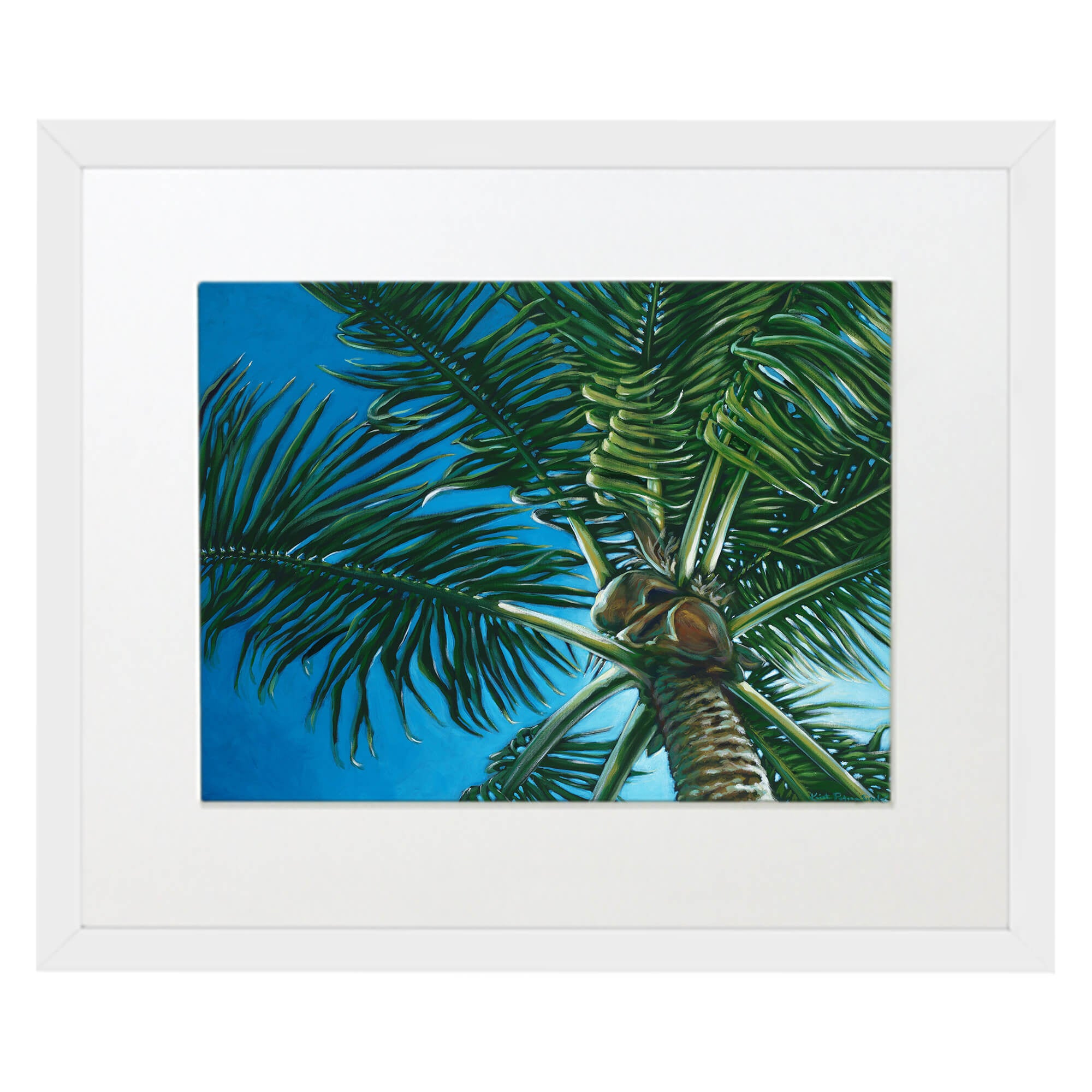 Matted art print with white frame featuring a brown coconut by hawaii artist Kristi Petosa