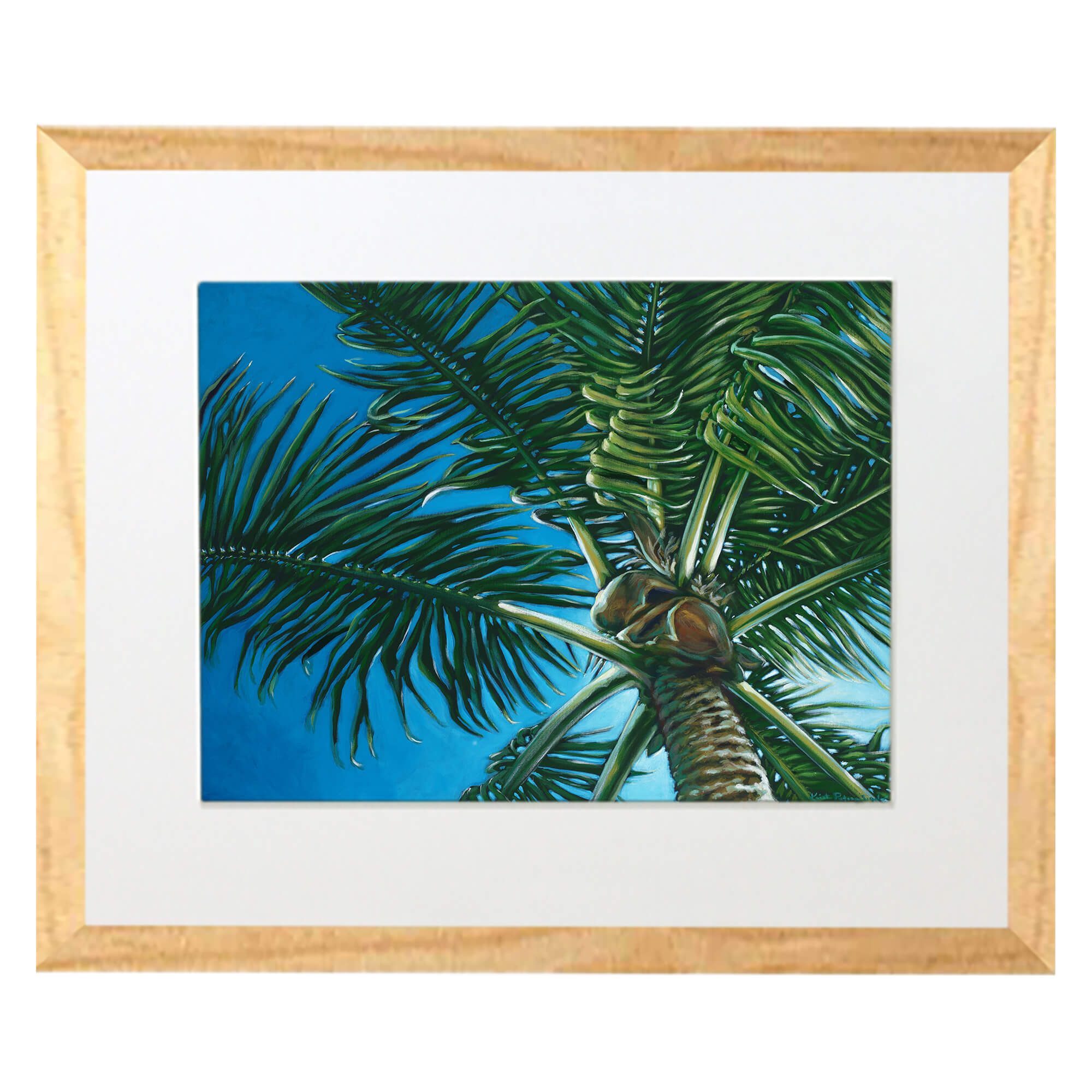 Matted art print with wood print featuring green leaves by hawaii artist Kristi Petosa