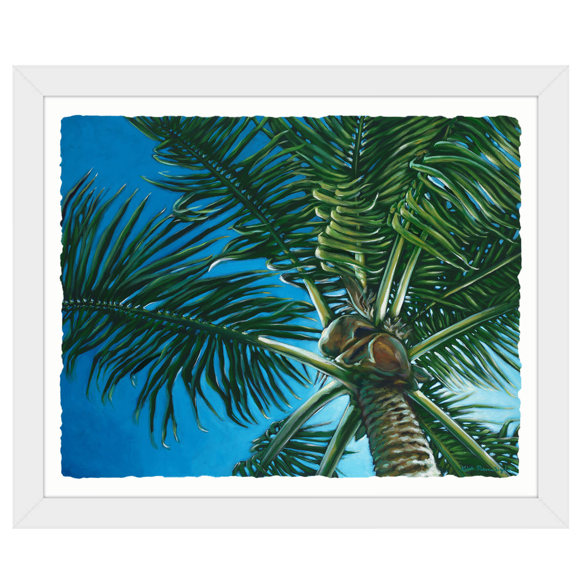 Paper art print with white frame featuring  a tall coconut tree by hawaii artist Kristi Petosa