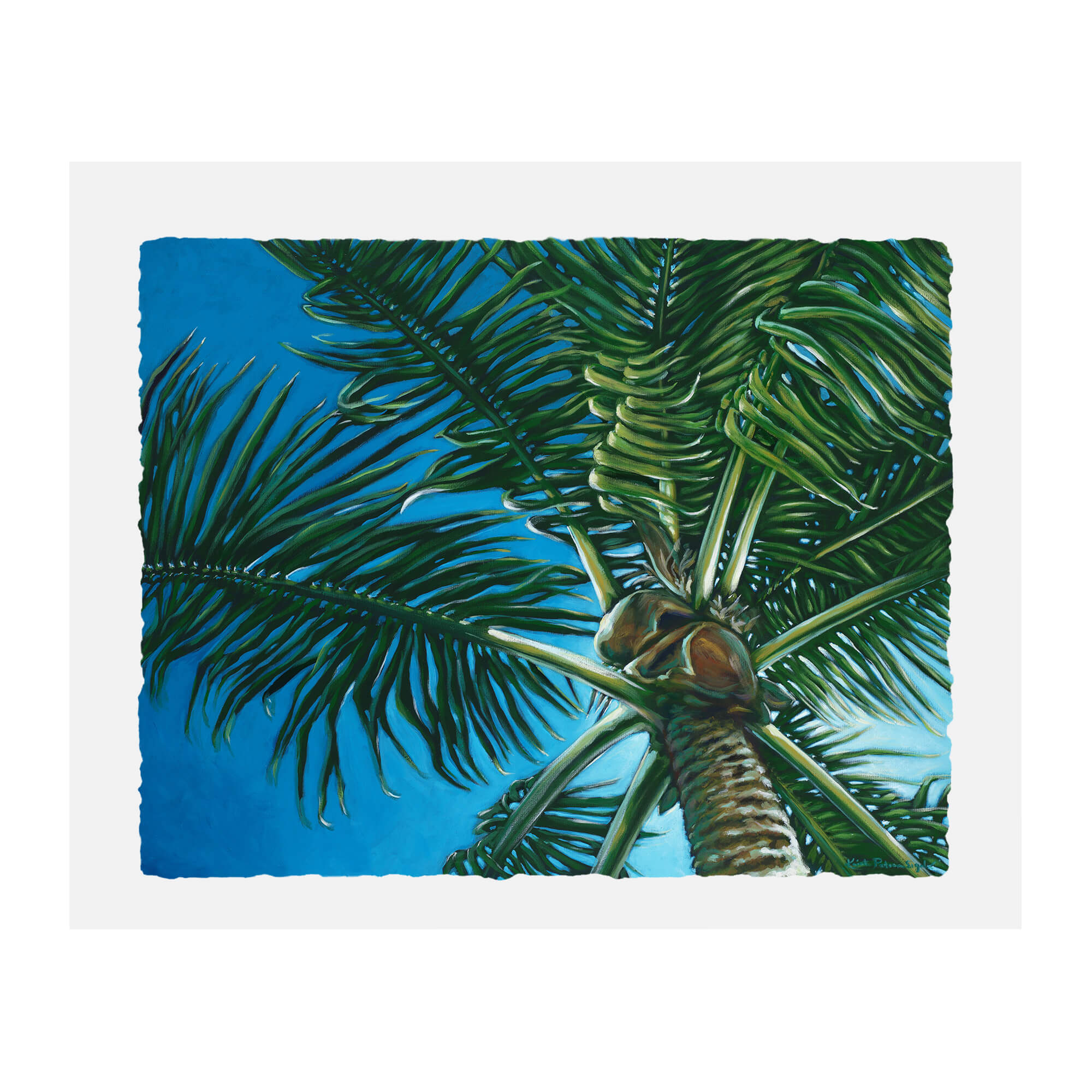 Paper art print featuring the sun being blocked by a coconut tree by hawaii artist Kristi Petosa 