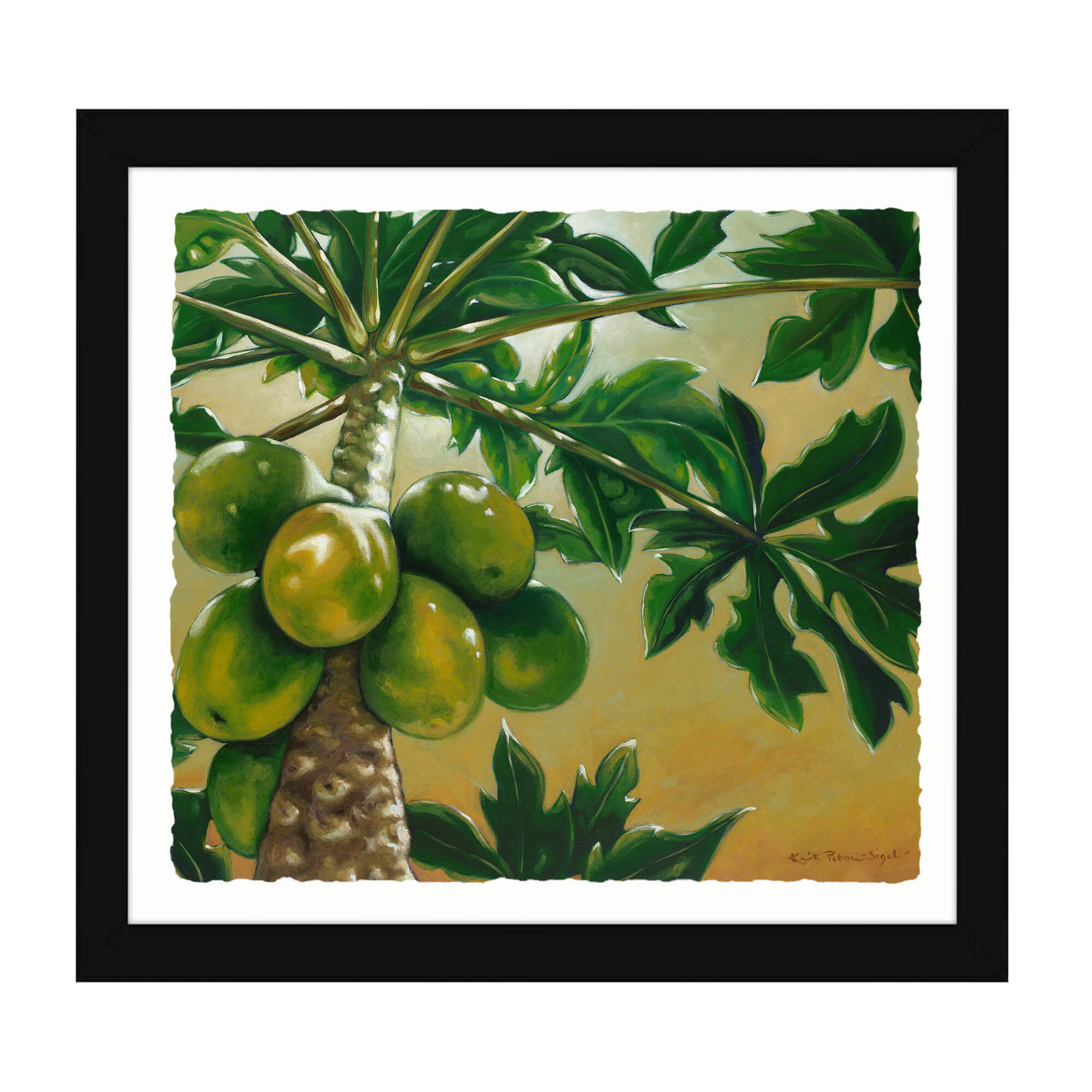 Paper art print with black frame featuring big leaves by hawaii artist Kristi petosa