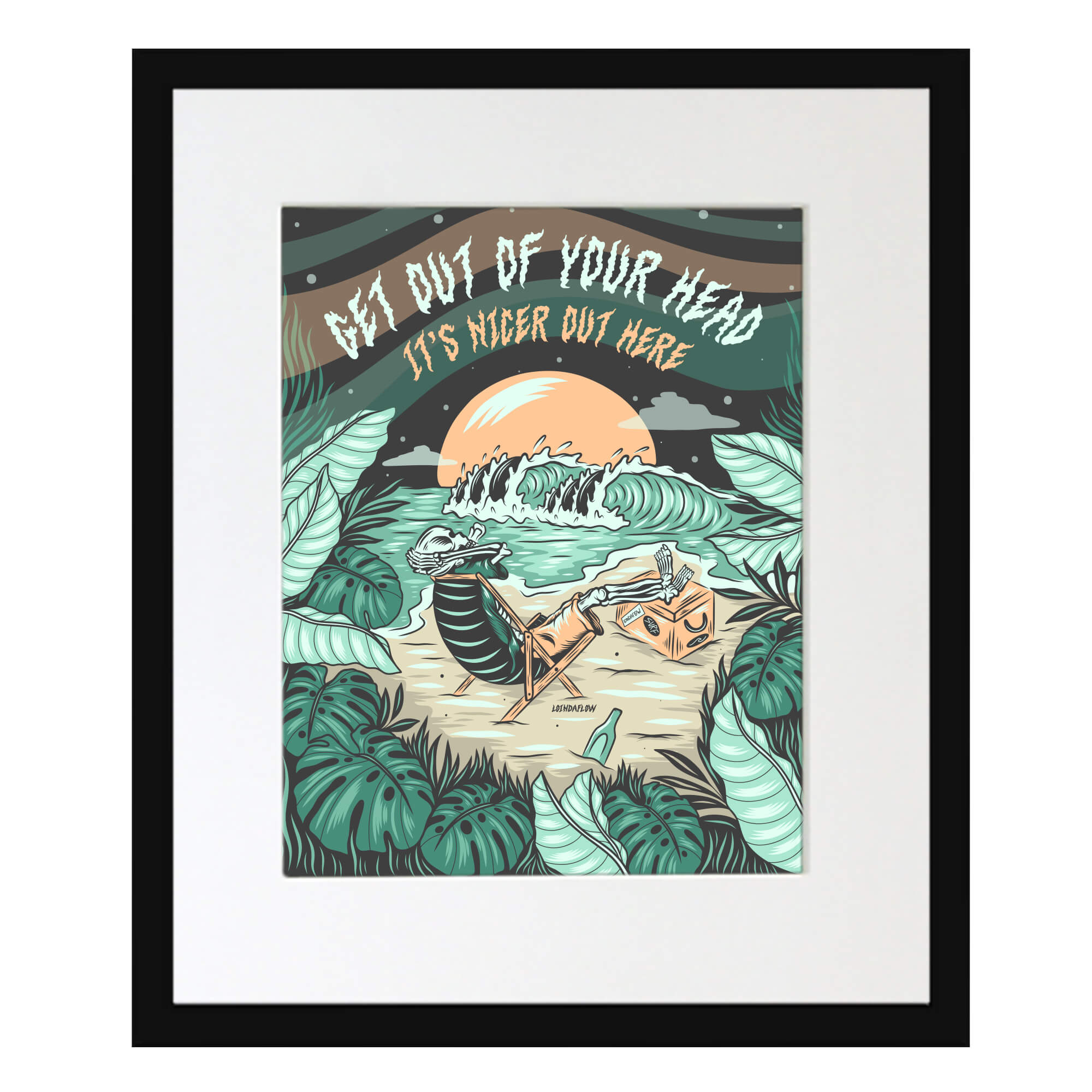 Matted art print with black frame of a skeleton surrounded by tropical plants by hawaii artist Laihha Organna