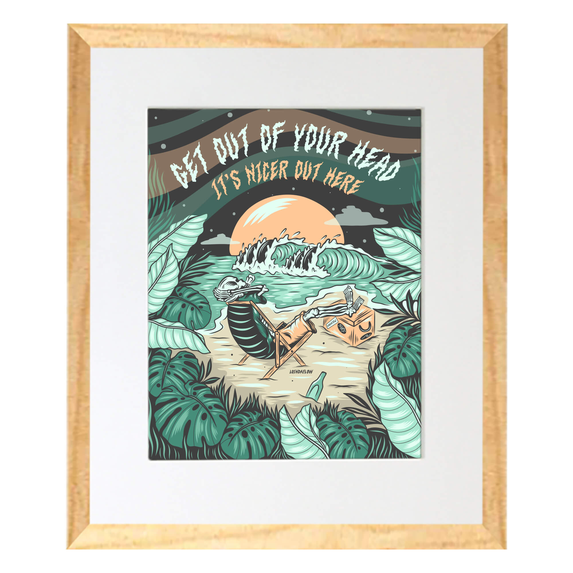 Matted art print with wood frame of a skeleton sitting and watching the sun set by hawaii artist Laihha Organna