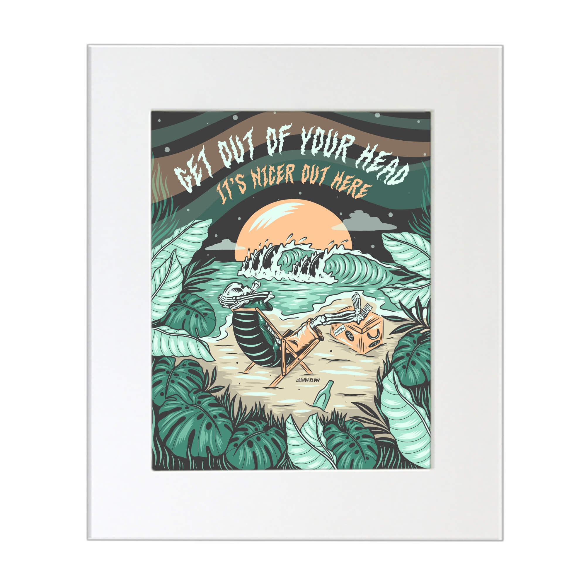 A matted art print of a skeleton chilling by the beach by hawaii artist Laihha Organna