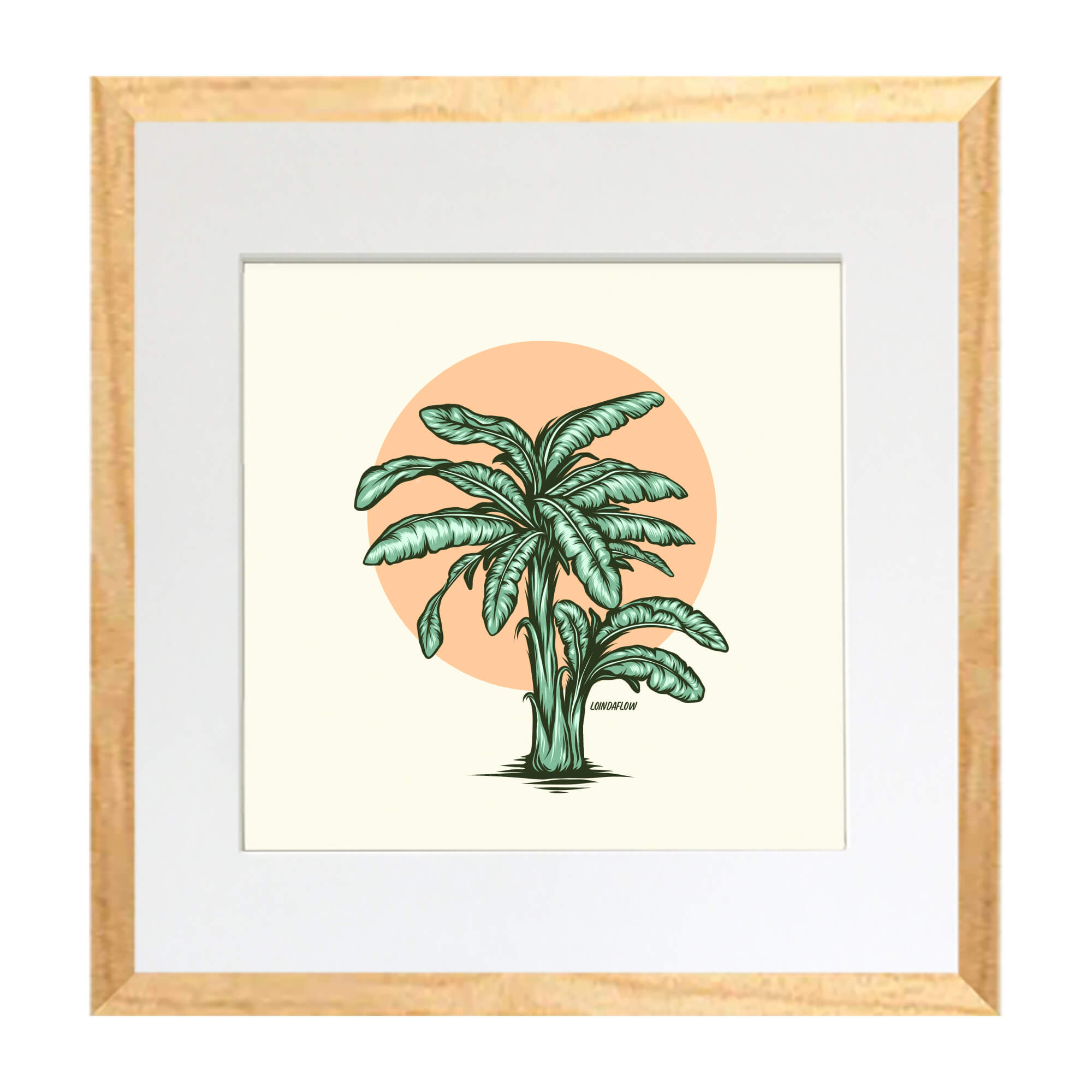 Matted art print with wood frame of a banana tree with yellow background by Hawaii artist Laihha Organna