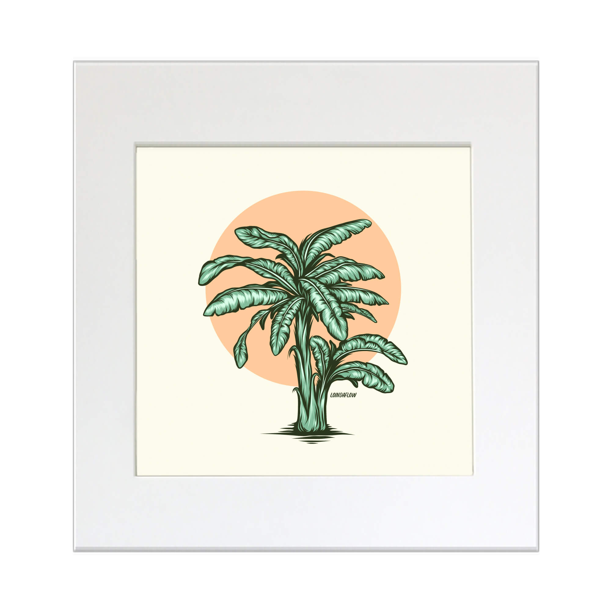 Matted art print of a banana tree with yellow background by Hawaii artist Laihha Organna