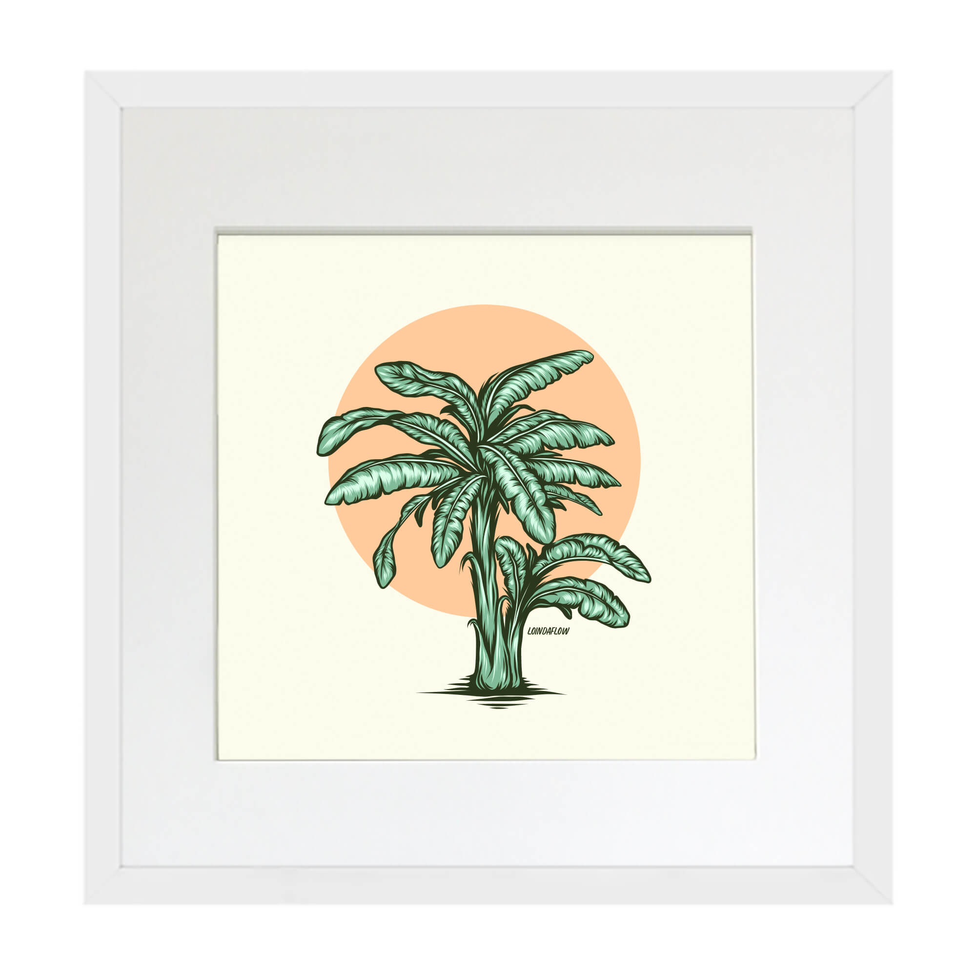 Matted art print with white frame of a banana tree by Hawaii artist Laihha Organna