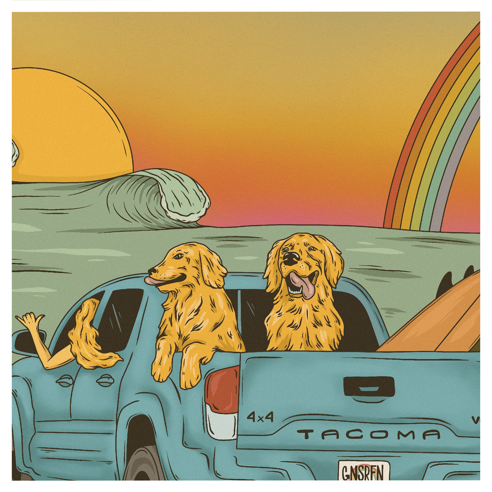 Illustration of dogs on a truck heading to the beach by Hawaii artist Laihha Organna