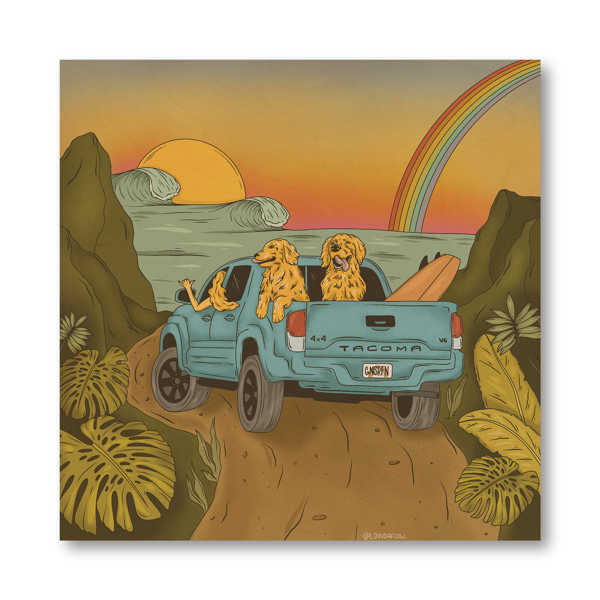 Wood art print of a woman driving a blue truck with her dogs and surfboard by Hawaii artist Laihha Organna