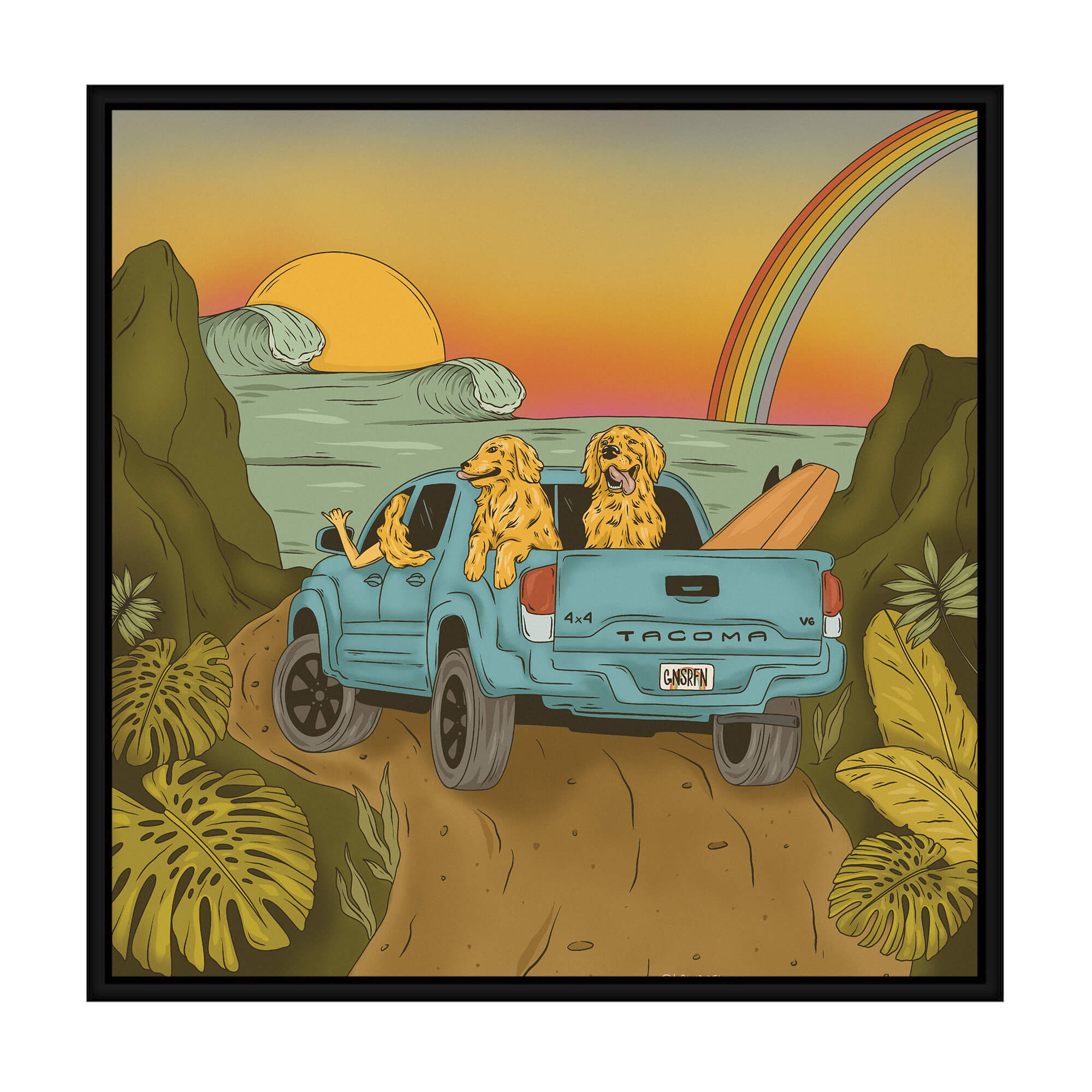 Canvas art print featuring a woman surfer driving her dogs to the beach by Hawaii artist Laihha Organna