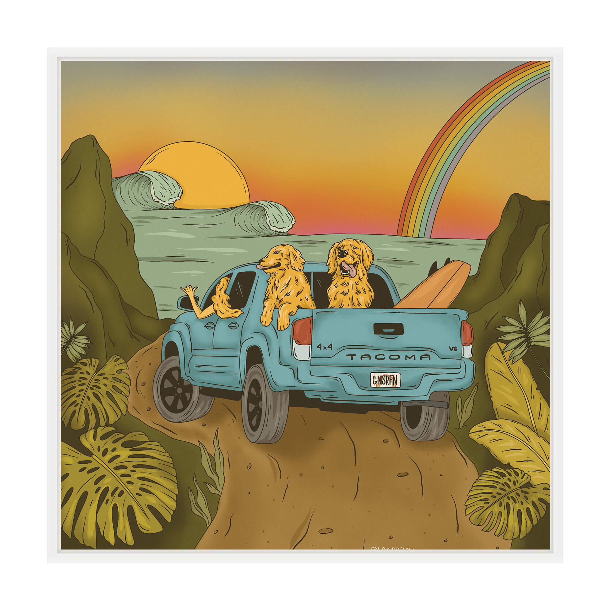 Canvas giclée print of a woman driving towards a beautiful seascape by Hawaii artist Laihha Organna