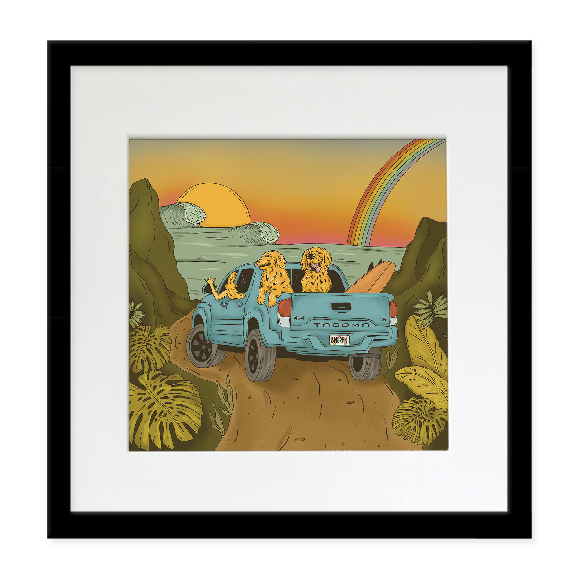 Matted art print of a truck heading to the beach with a beautiful sunset by Hawaii artist Laihha Organna
