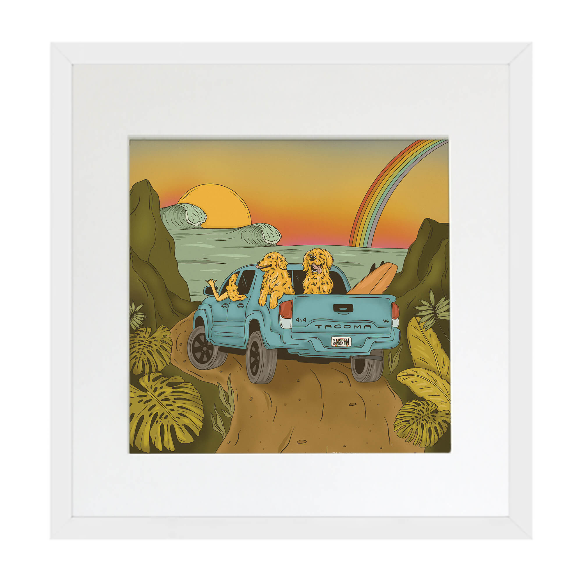Matted art print featuring an illustration of a woman driving her dogs to the beach by Hawaii artist Laihha Organna