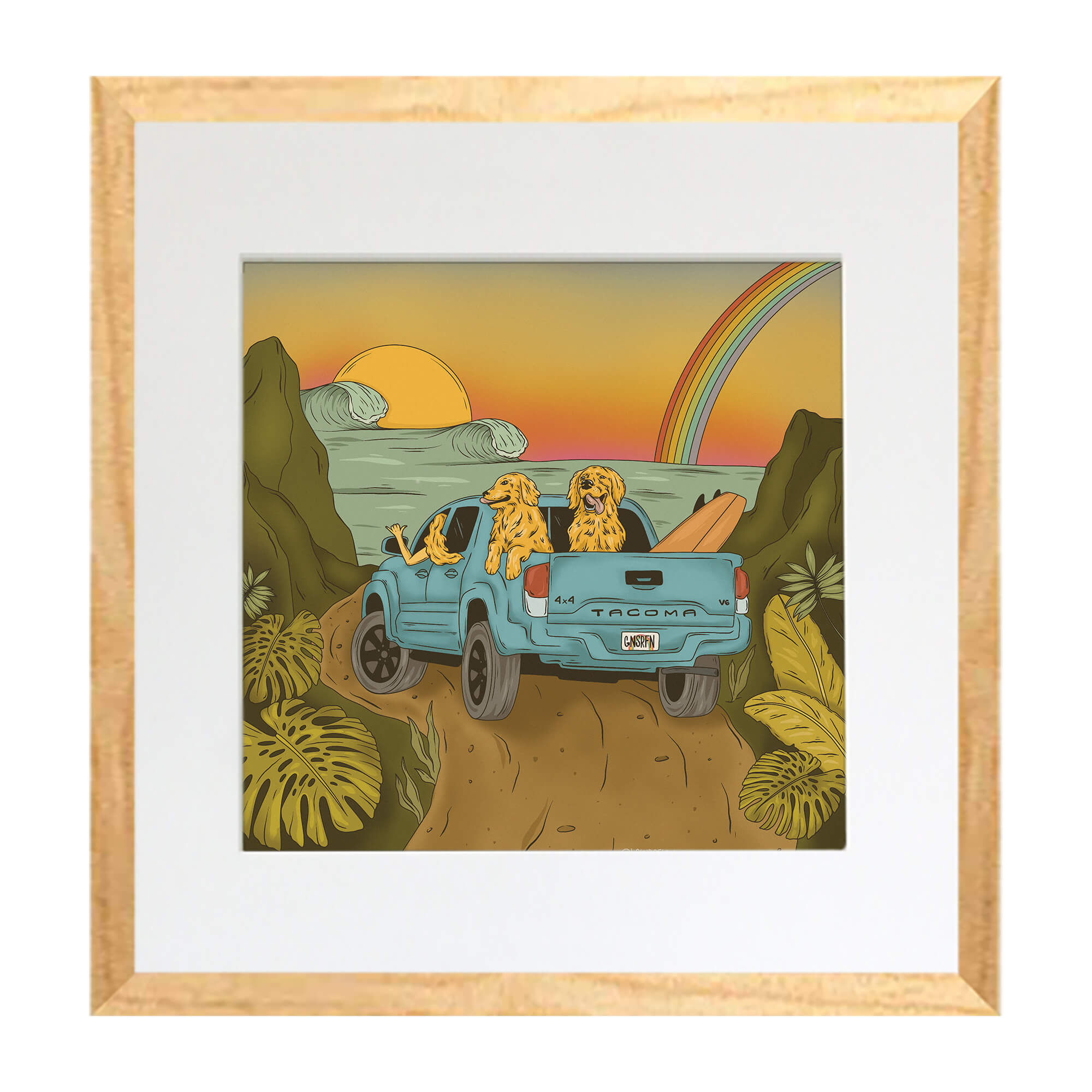 Matted art print of a woman driving towards a beautiful seascape with a rainbow and sunset by Hawaii artist Laihha Organna