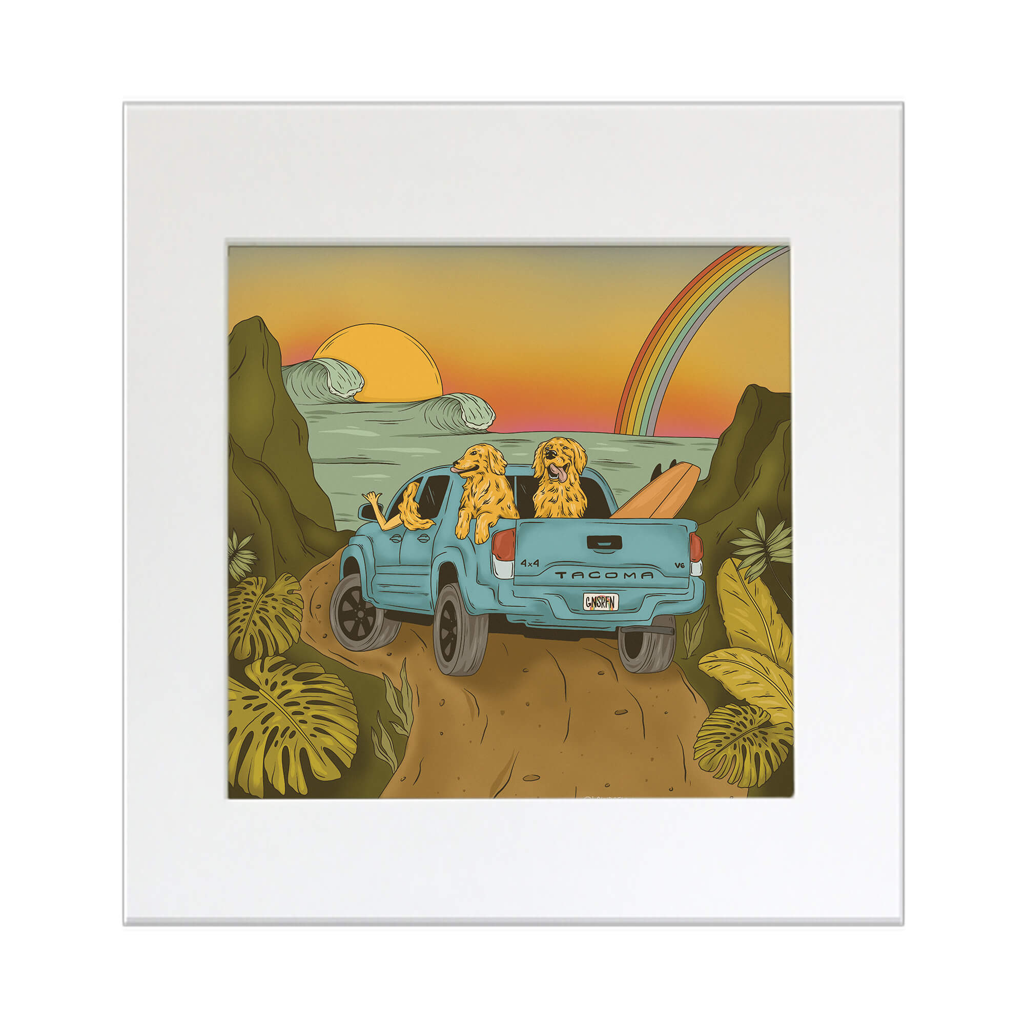 Matted art print of a surf with some dogs, a woman and a surfboard heading to the beach by Hawaii artist Laihha Organna