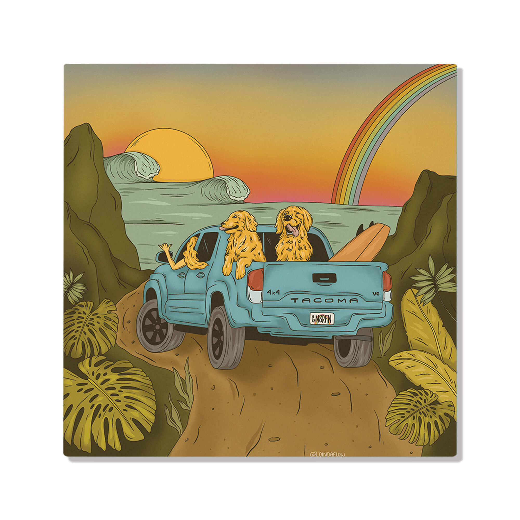 Metal art print featuring an illustration of a woman with her dogs and her surfboard heading towards the beach by Hawaii artist Laihha Organna