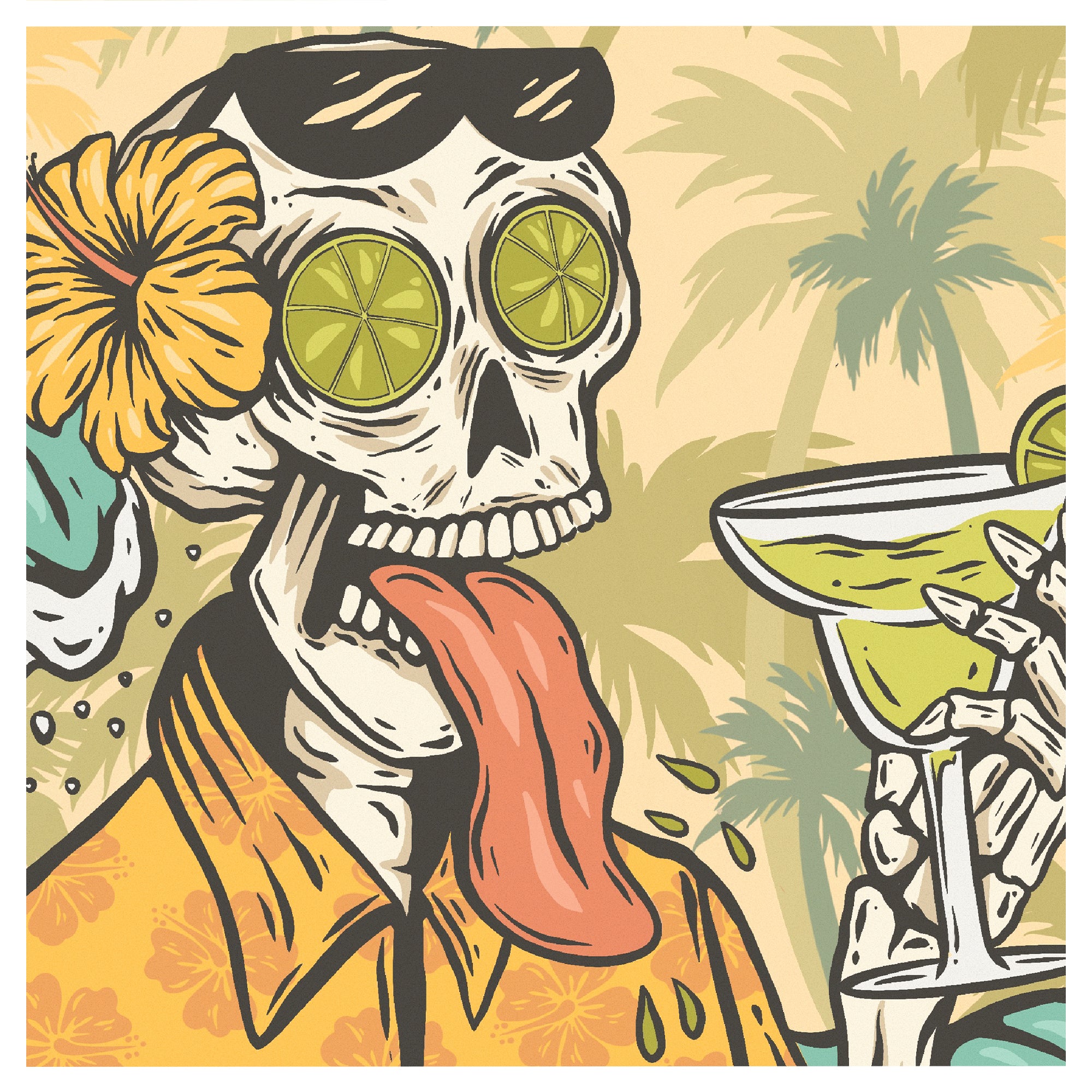 A skeleton man drinking margarita by Hawaii artist Laihha Organna