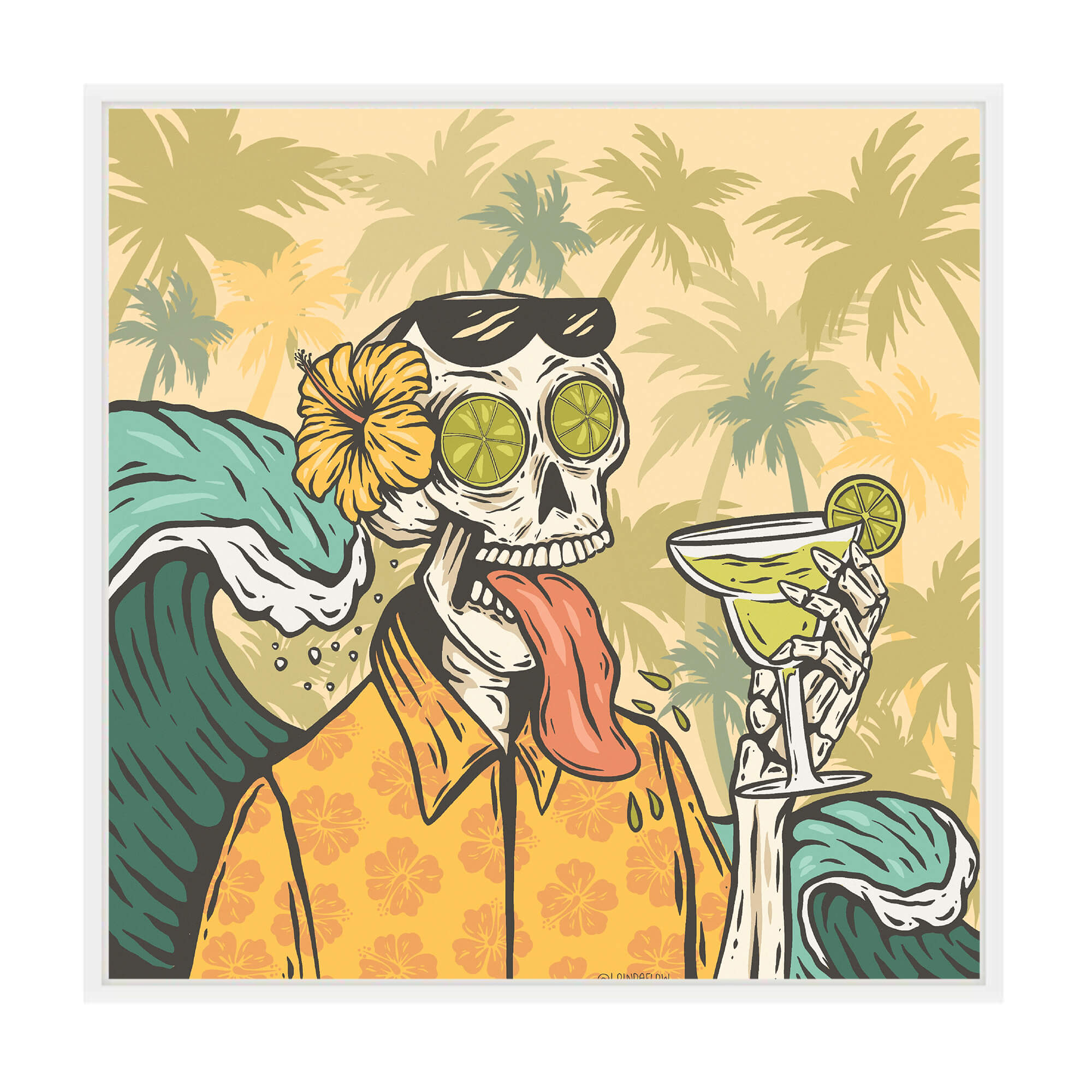 Canvas art print with white frame of a skeleton man on a tropical island  holding a drink by Hawaii artist Laihha Organna