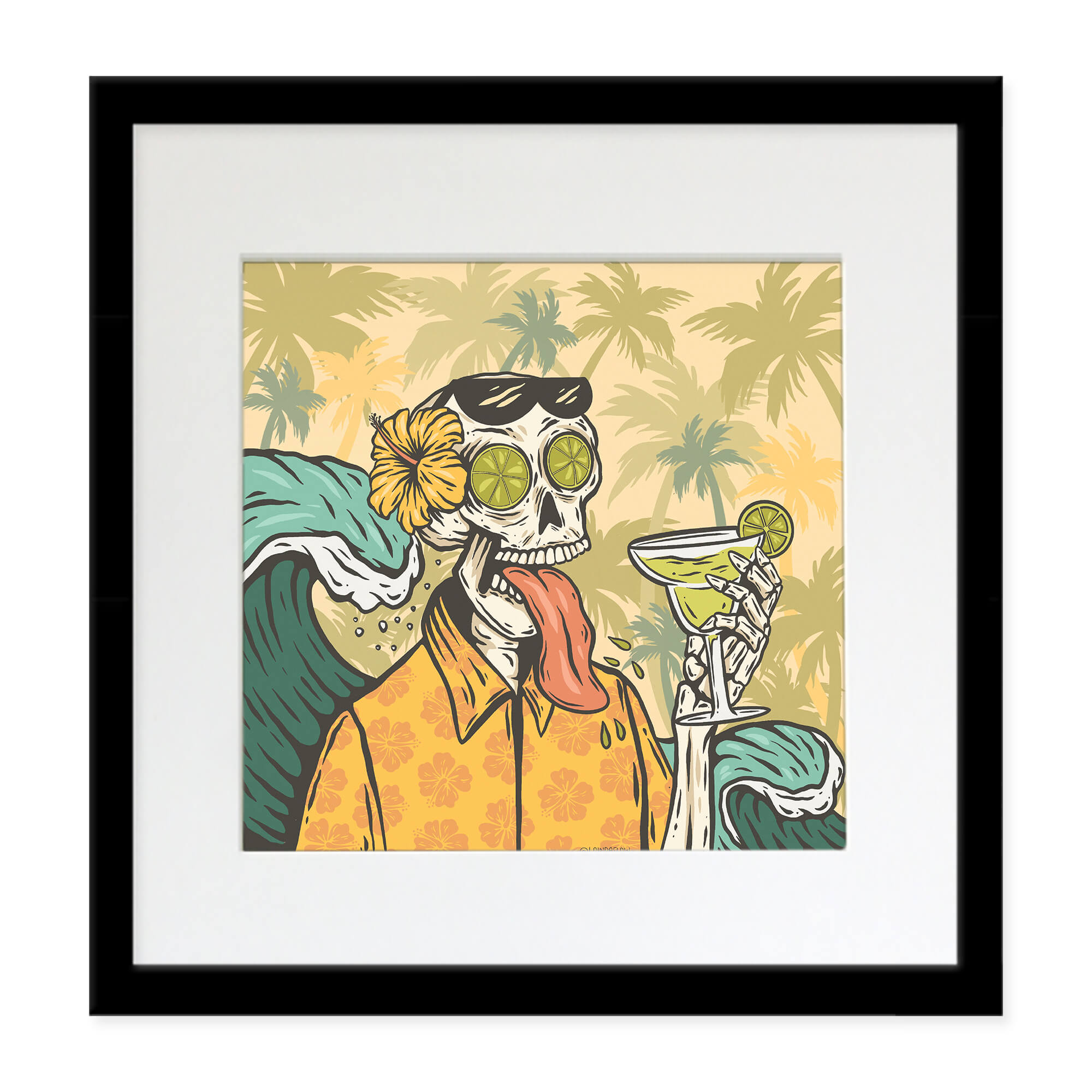 Matted art print with black frame featuring a skeleton man on a tropical island by Hawaii artist Laihha Organna
