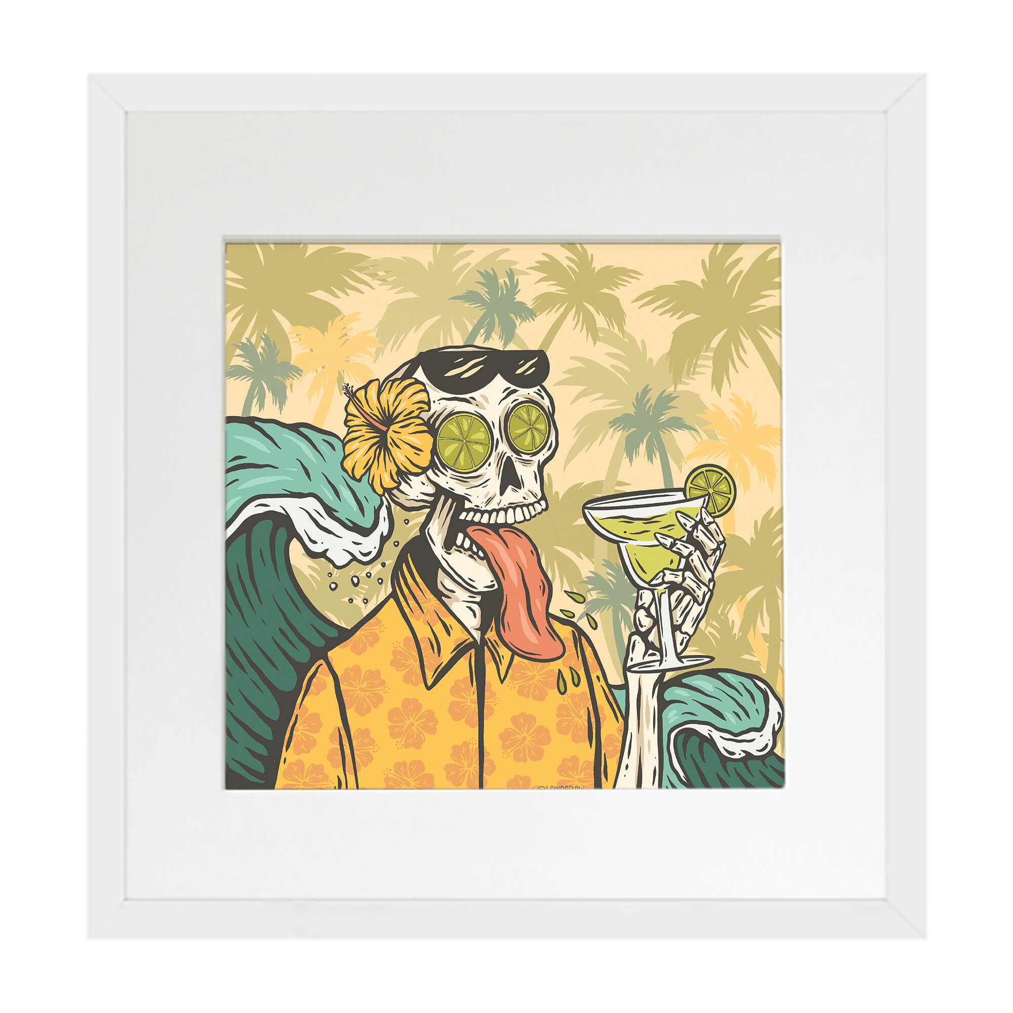 Matted art print with white frame of a skeleton man with lemon eyes and large crashing wavesby Hawaii artist Laihha Organna