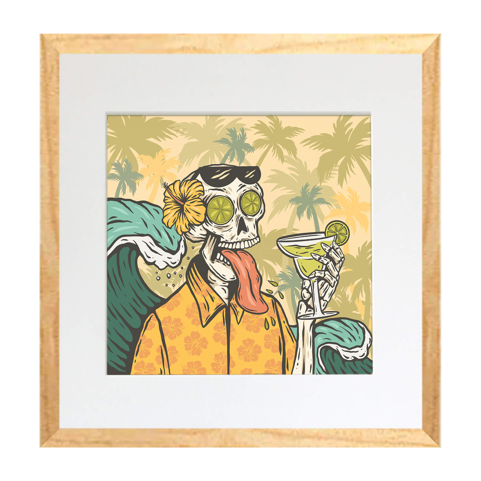 Matted art print with wood frame featuring a skeleton with large waves and coconut trees background by Hawaii artist Laihha Organna