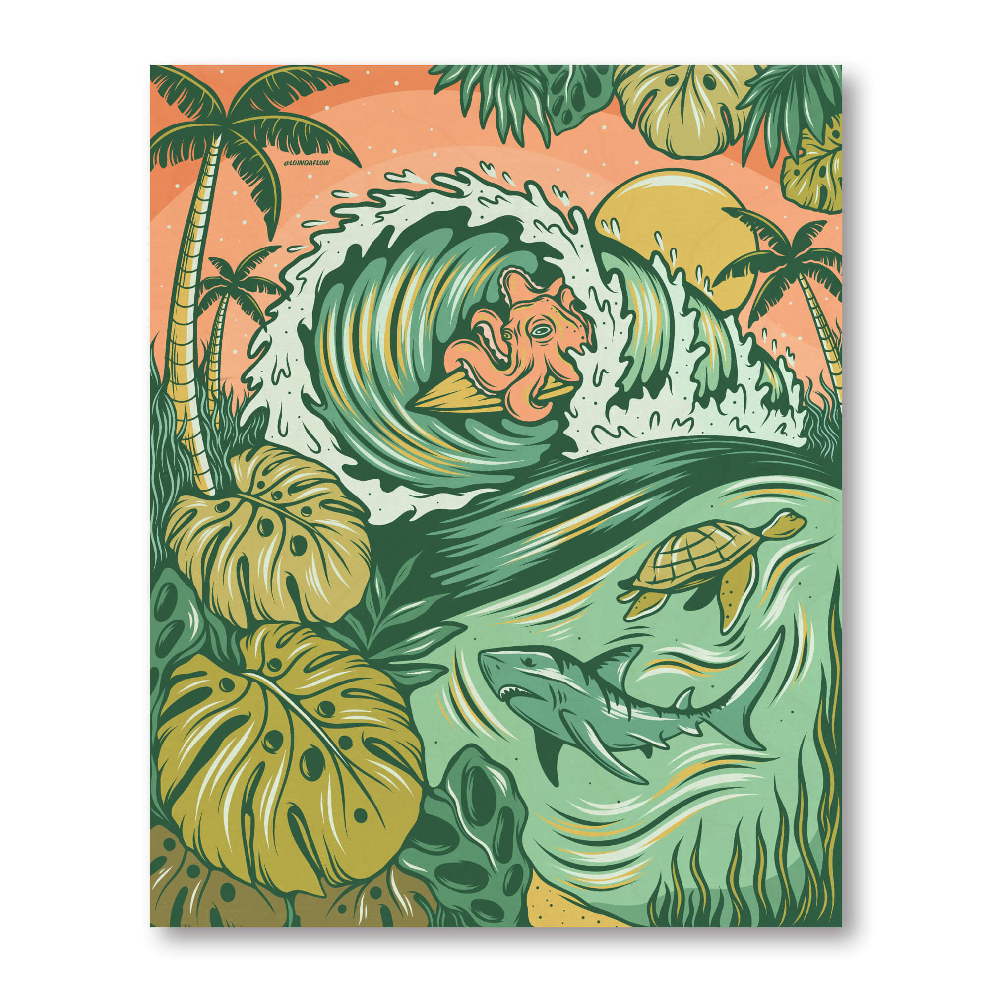 Wood art print of a sunset with some sea animals and large crashing waves by Hawaii artist Laihha Organna