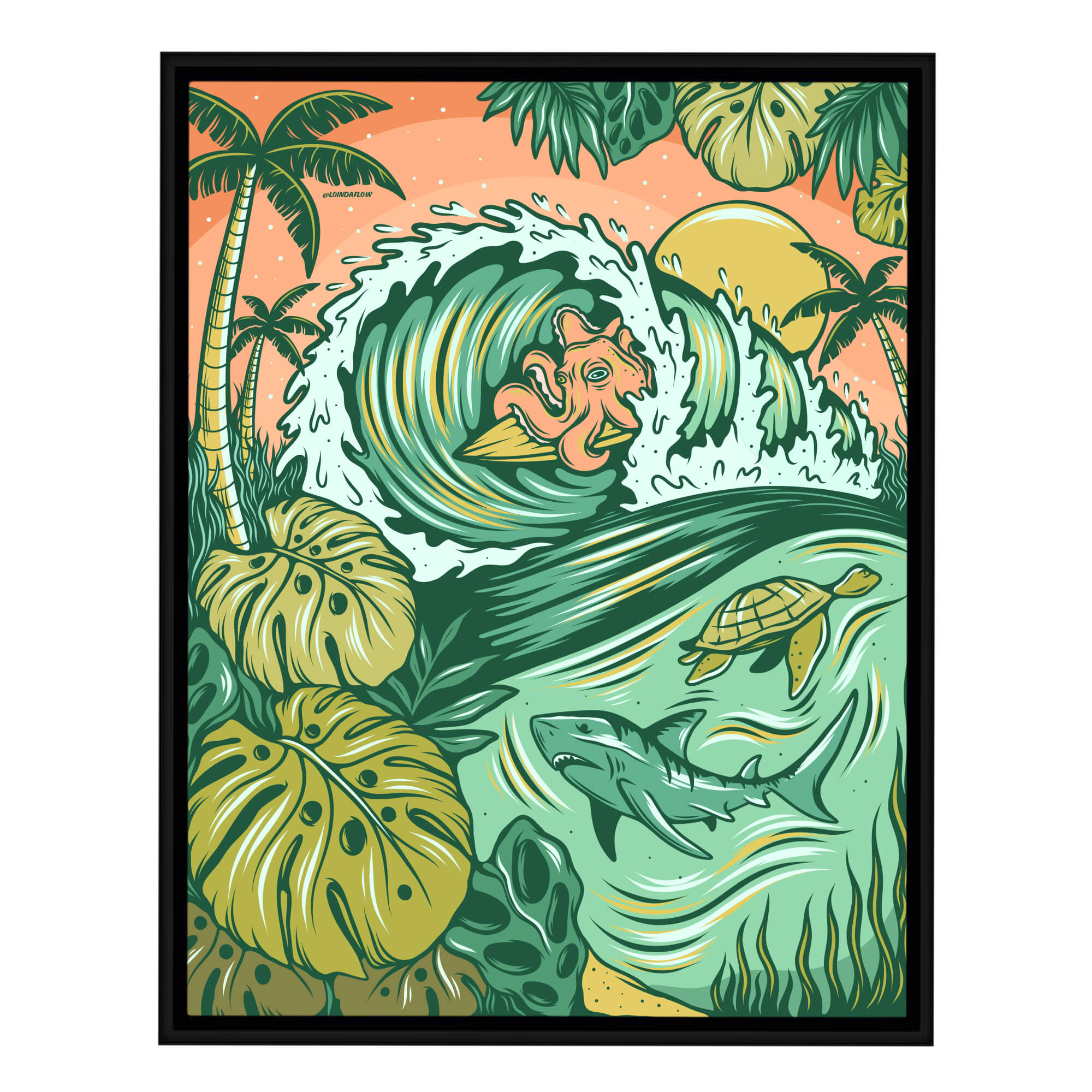 Canvas art print featuring some monstera leaves framing the ocean with large crashing waves with surfers by Hawaii artist Laihha Organna