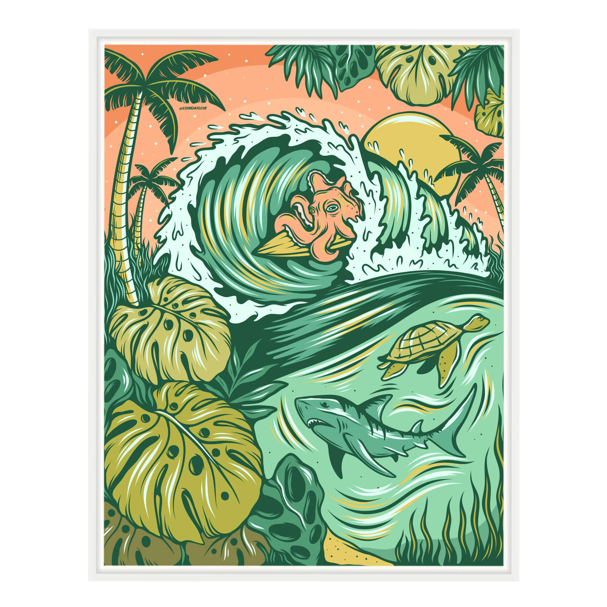 Canvas giclée art print featuring an octopus riding a surfboard in a barrel by Hawaii artist Laihha Organna