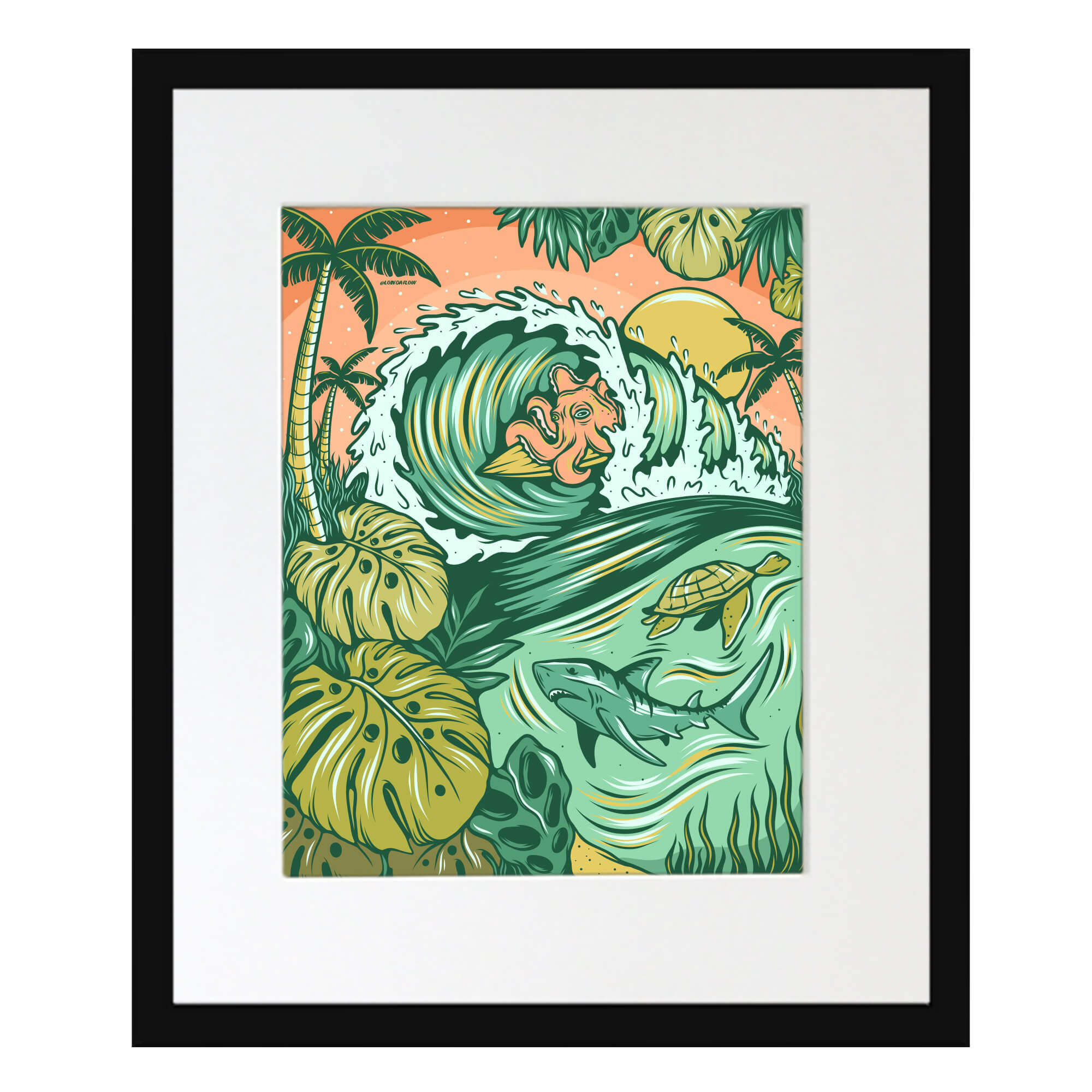 Matted art print of an octopus riding a surfboard with large crashing waves by Hawaii artist Laihha Organna