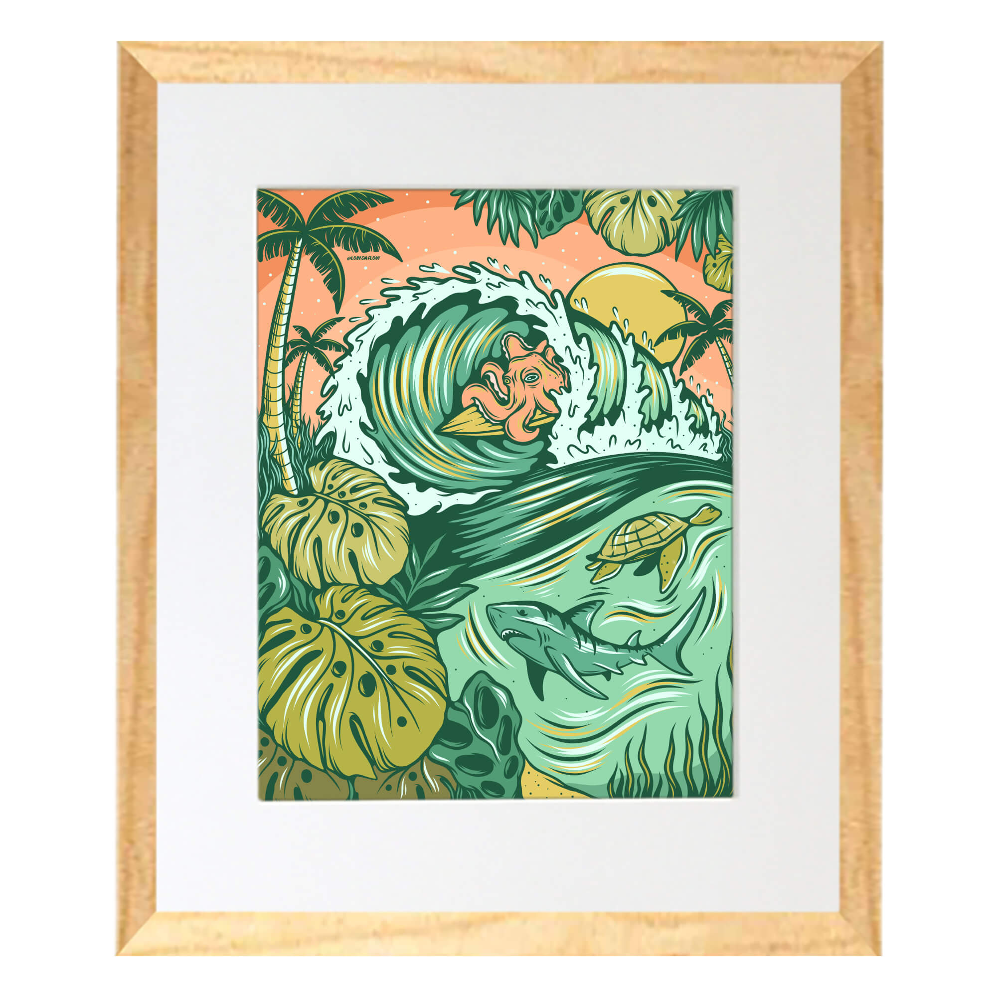 Matted art print featuring some sea animals on a tropical place by Hawaii artist Laihha Organna
