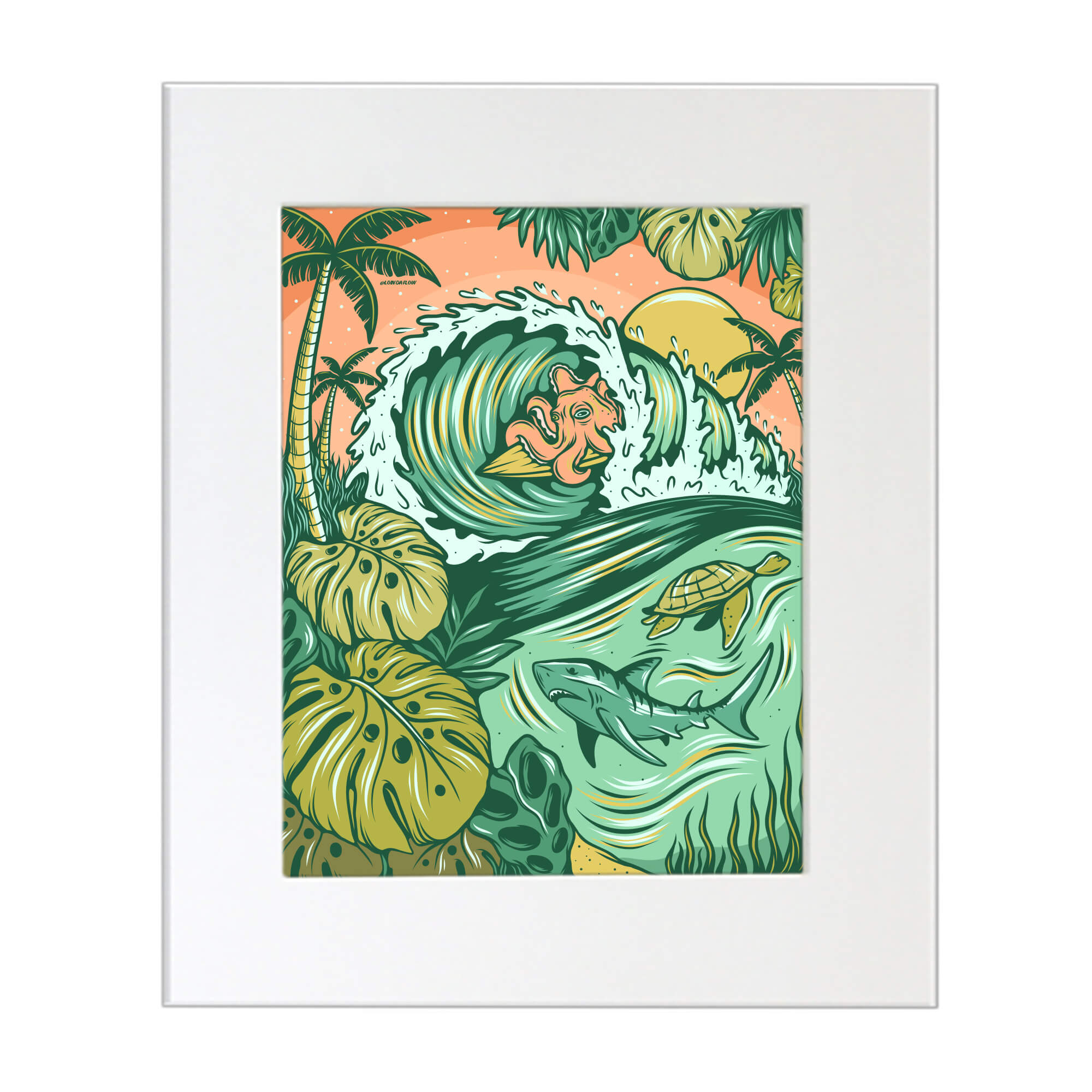 Matted art print of a some sea animals framed by tropical plants by Hawaii artist Laihha Organna