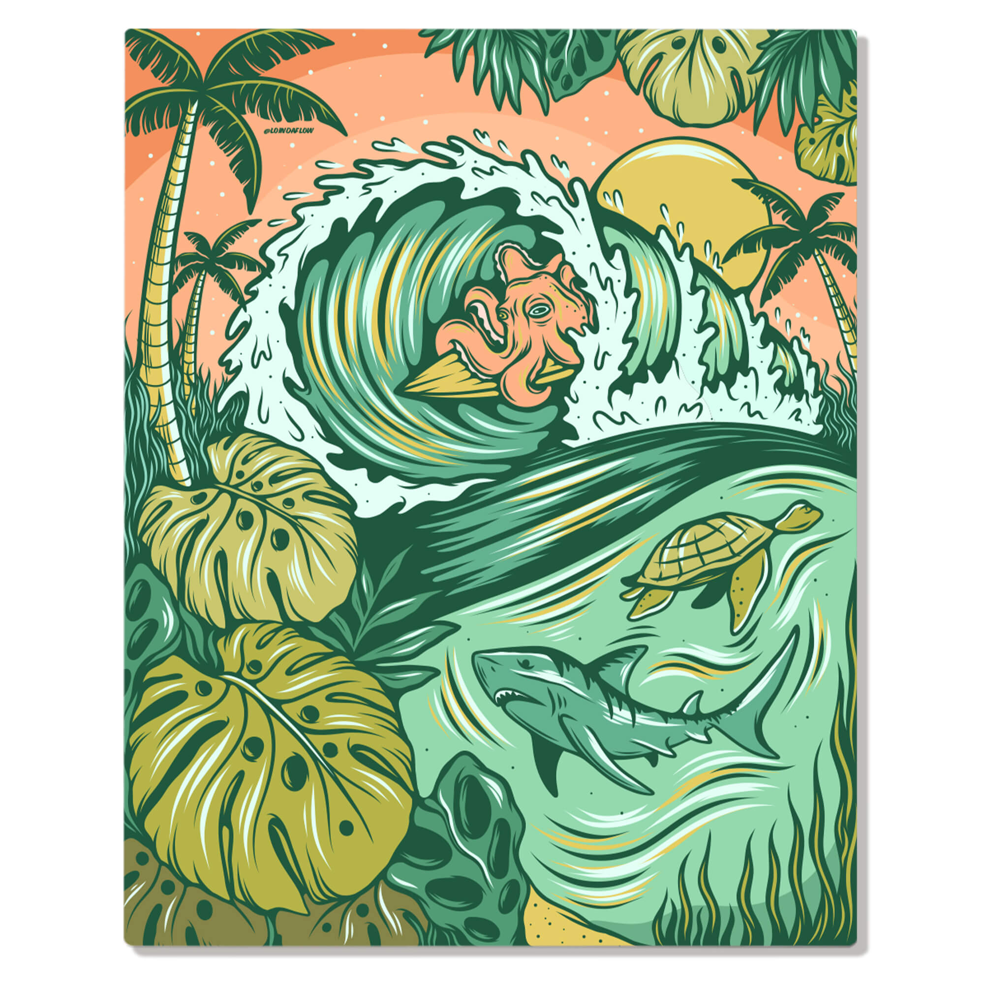 Metal art print of some colorful sea animals framed by tropical plants and leaves by Hawaii artist Laihha Organna