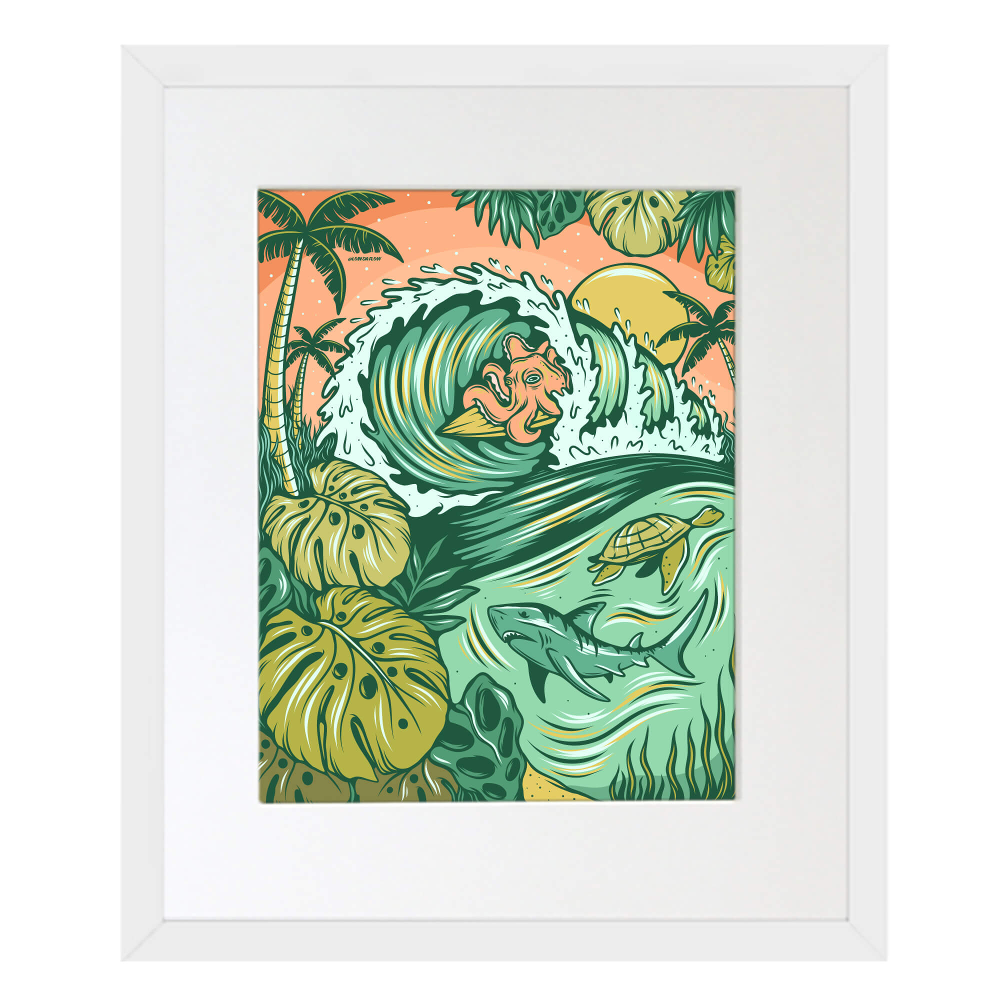 Matted art print of a shark and a turtle under water by Hawaii artist Laihha Organna