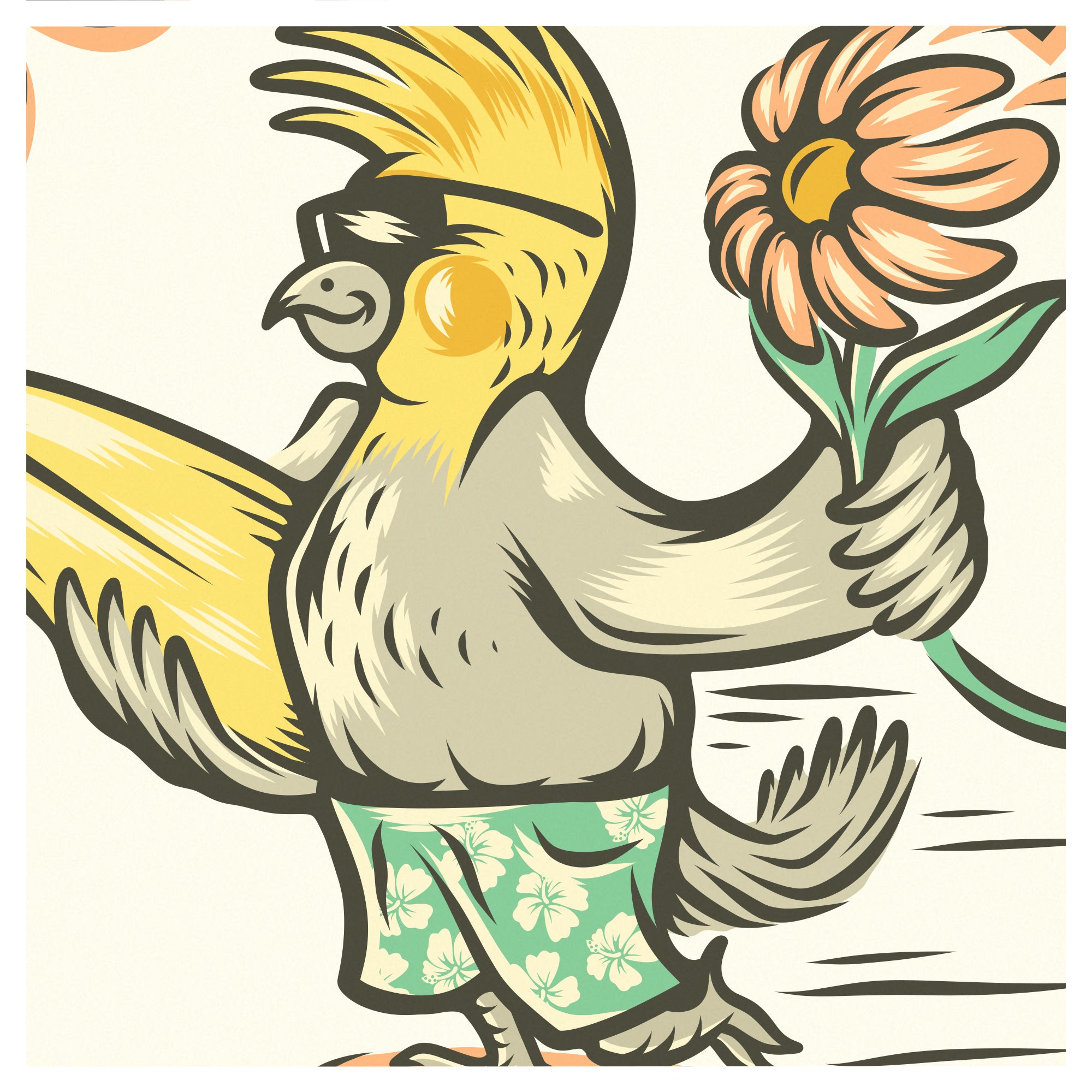 An illustration of a bird holding a surfboard and a flower by Hawaii artist Laihha Organna