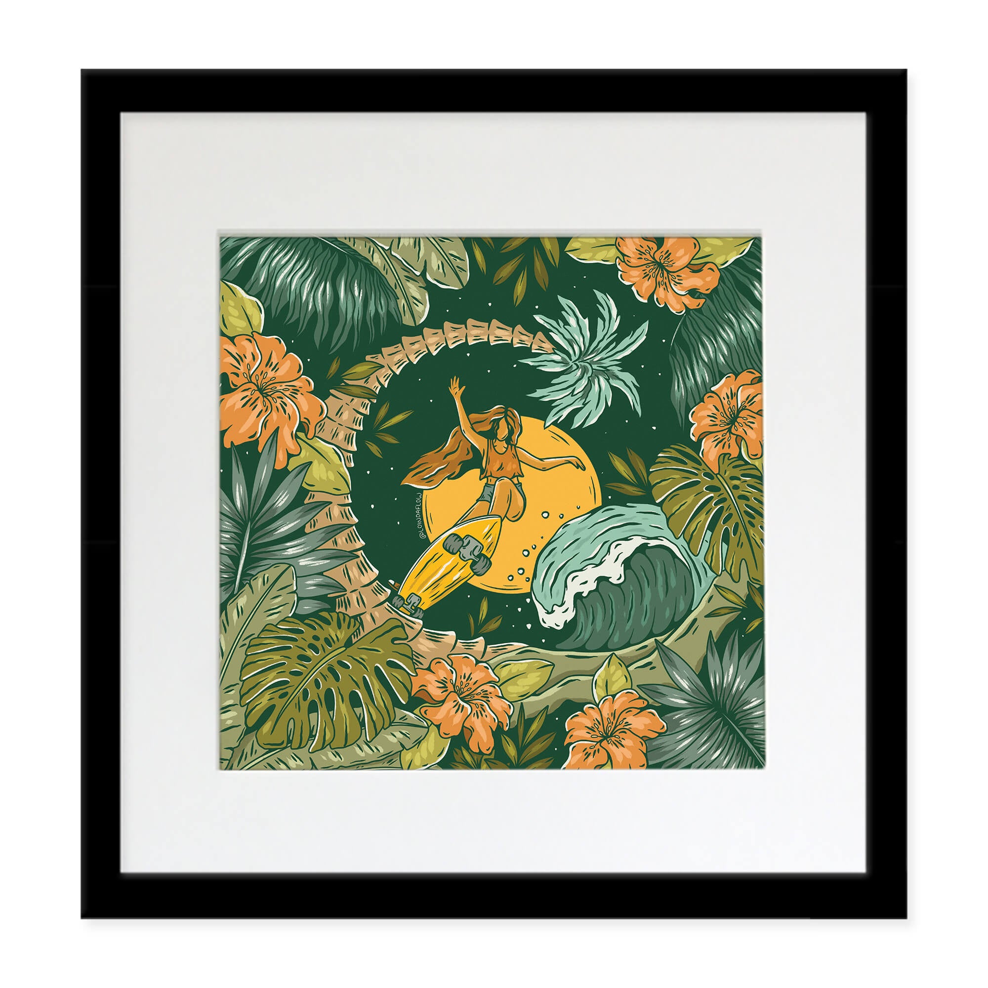 A matted art print with black frame featuring a girl staking with flowers around by hawaii artist Laihha Organna