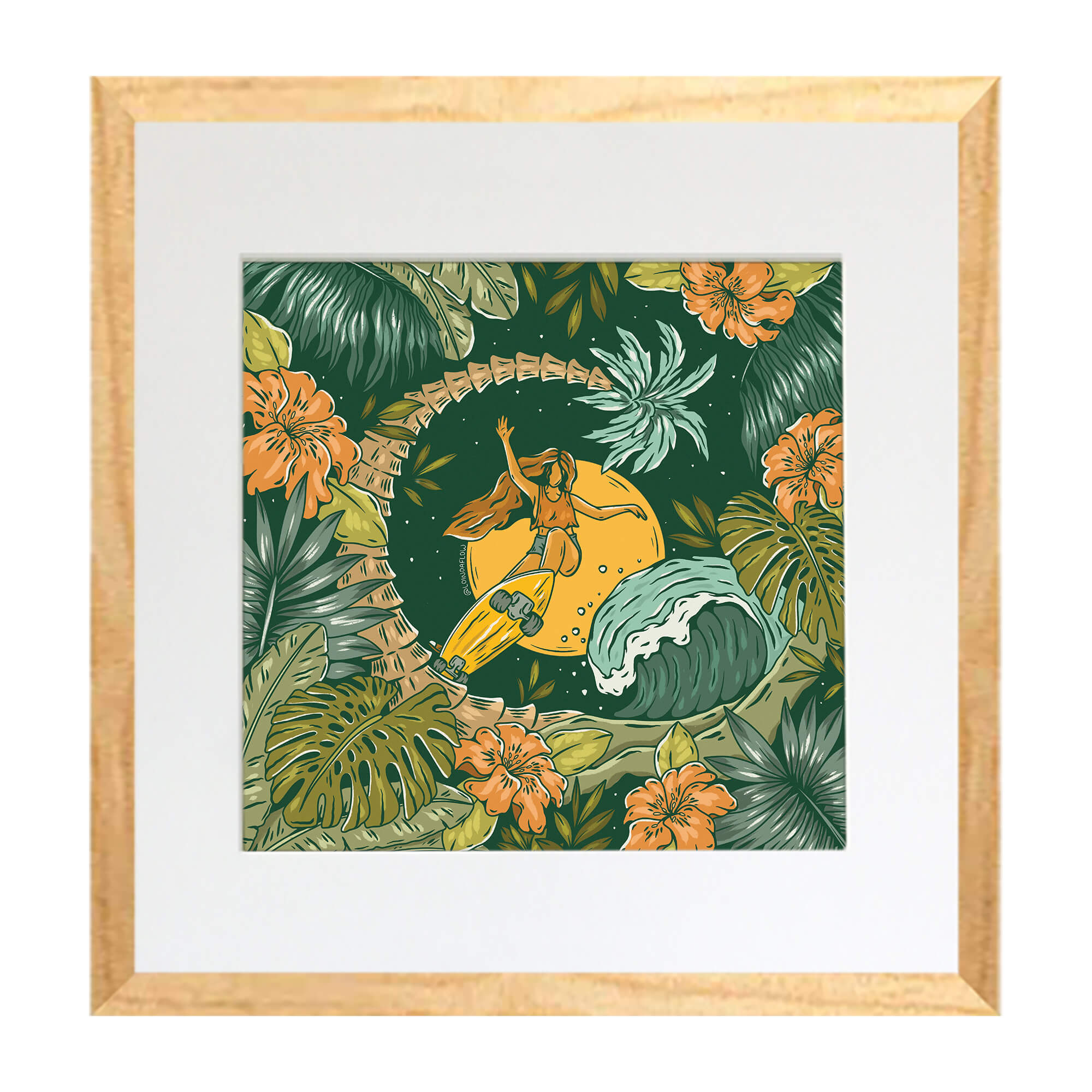 A matted art print with wood frame depicting a skater surrounded by plants  by hawaii artist Laihha Organna