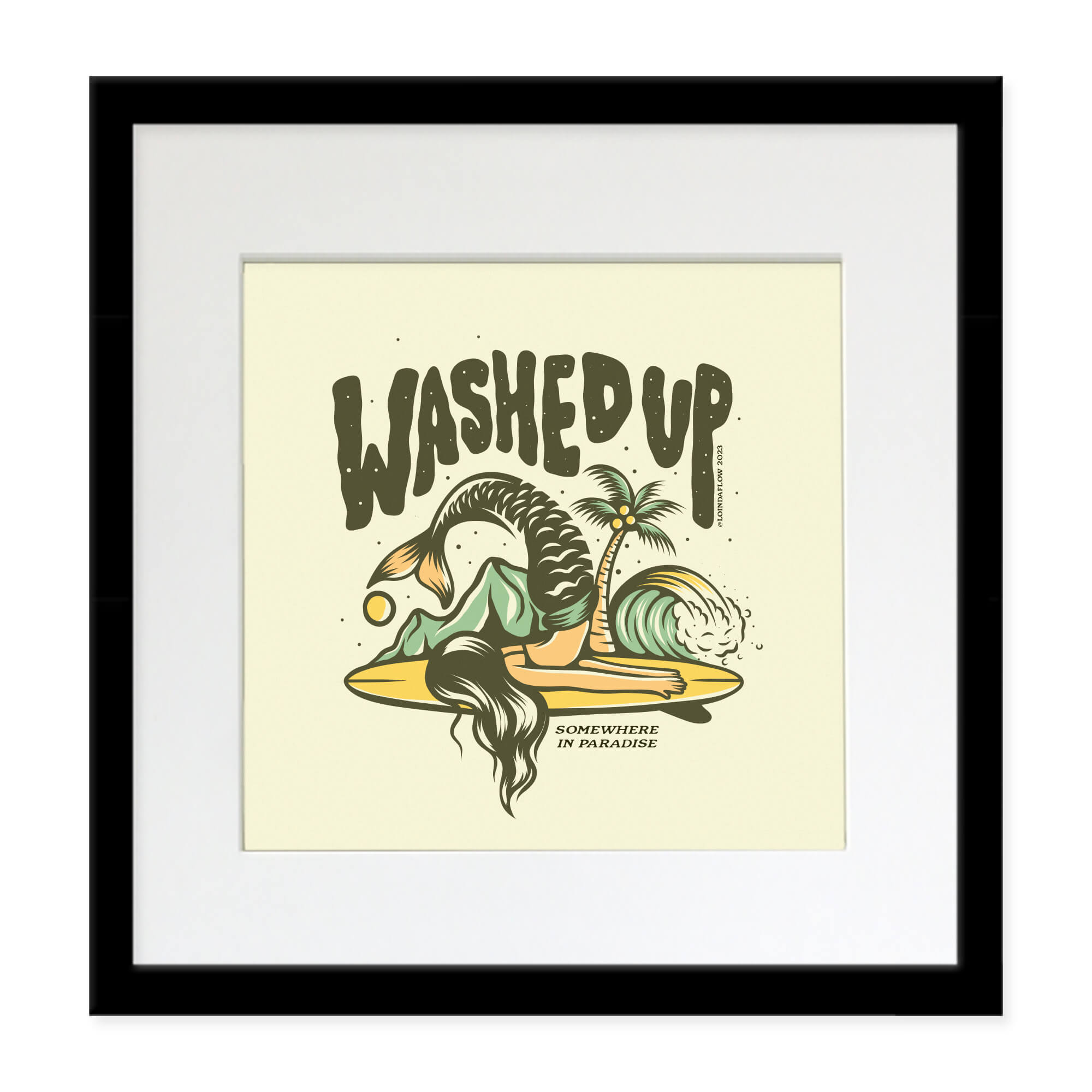 Matted print with black frame featuring a mermaid washed up on an surfboard-like island by Hawaii artist Laihha Organna