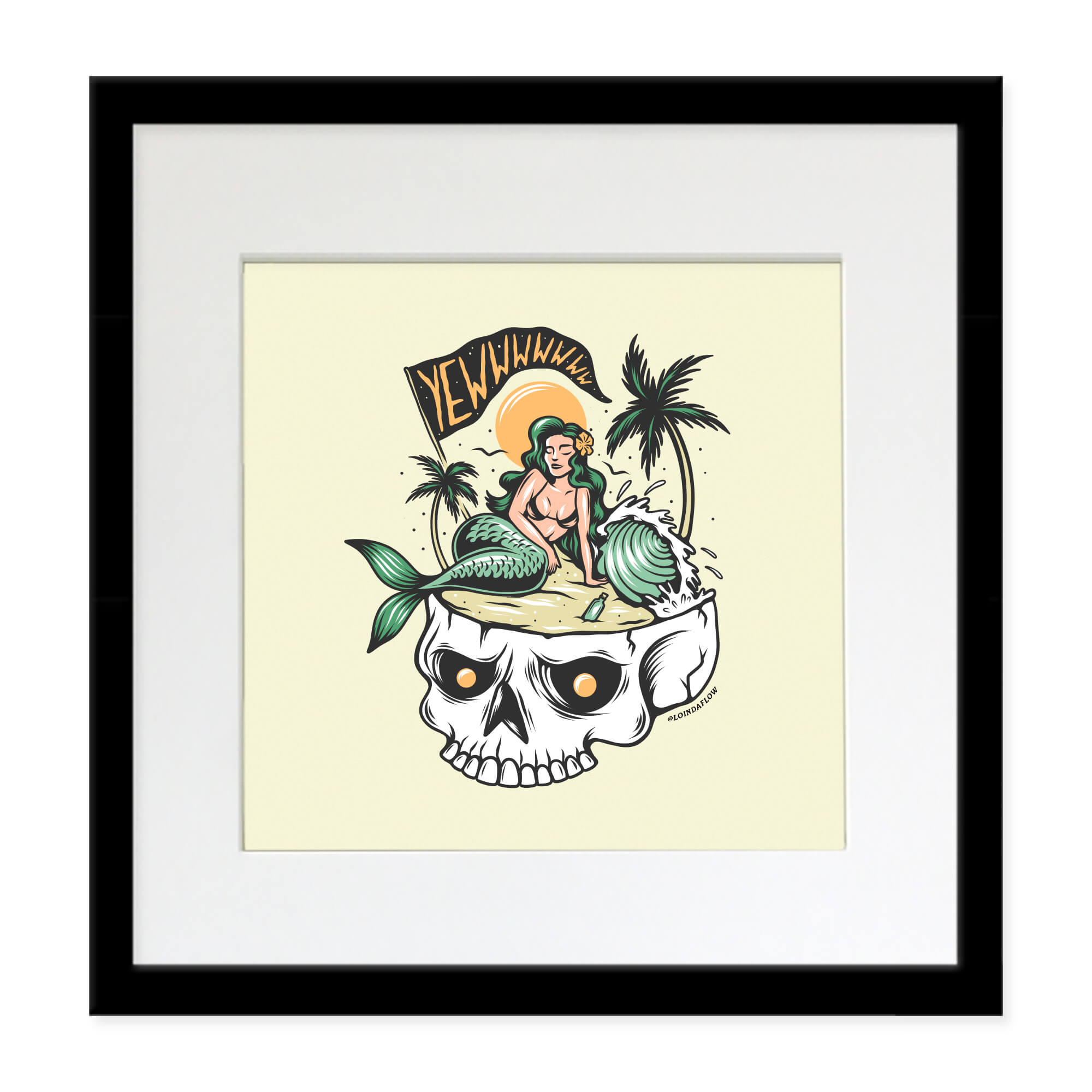 A matted art print with black frame  featuring a mermaid illustration with a green tail by by Hawaii artist Laihha Organna