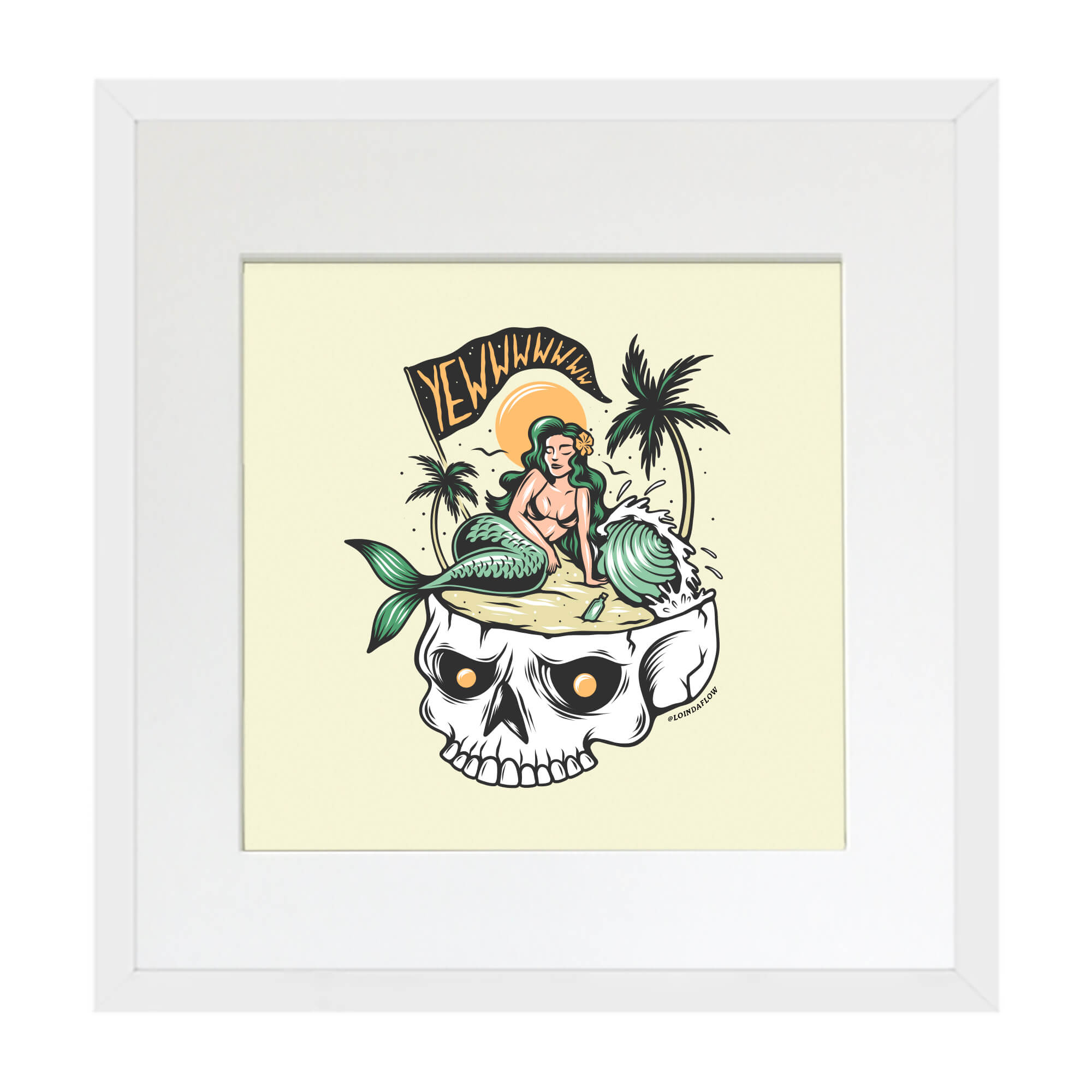 A matted art print with white frame of a mermaid illustration on a skull island by Hawaii artist Laihha Organna