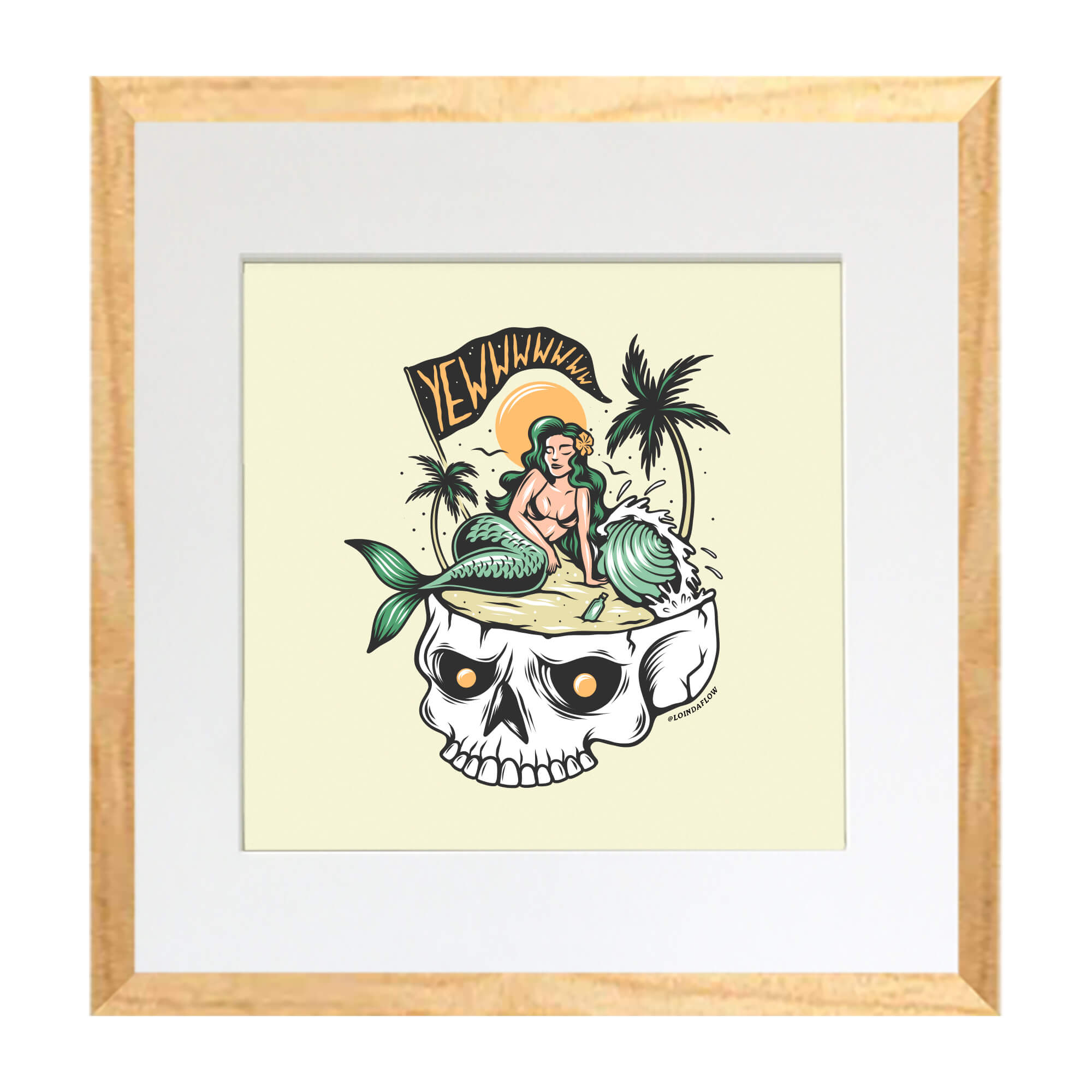 A matted art print with wood frame of a  green tailed mermaid on a skull island by Hawaii artist Laihha Organna